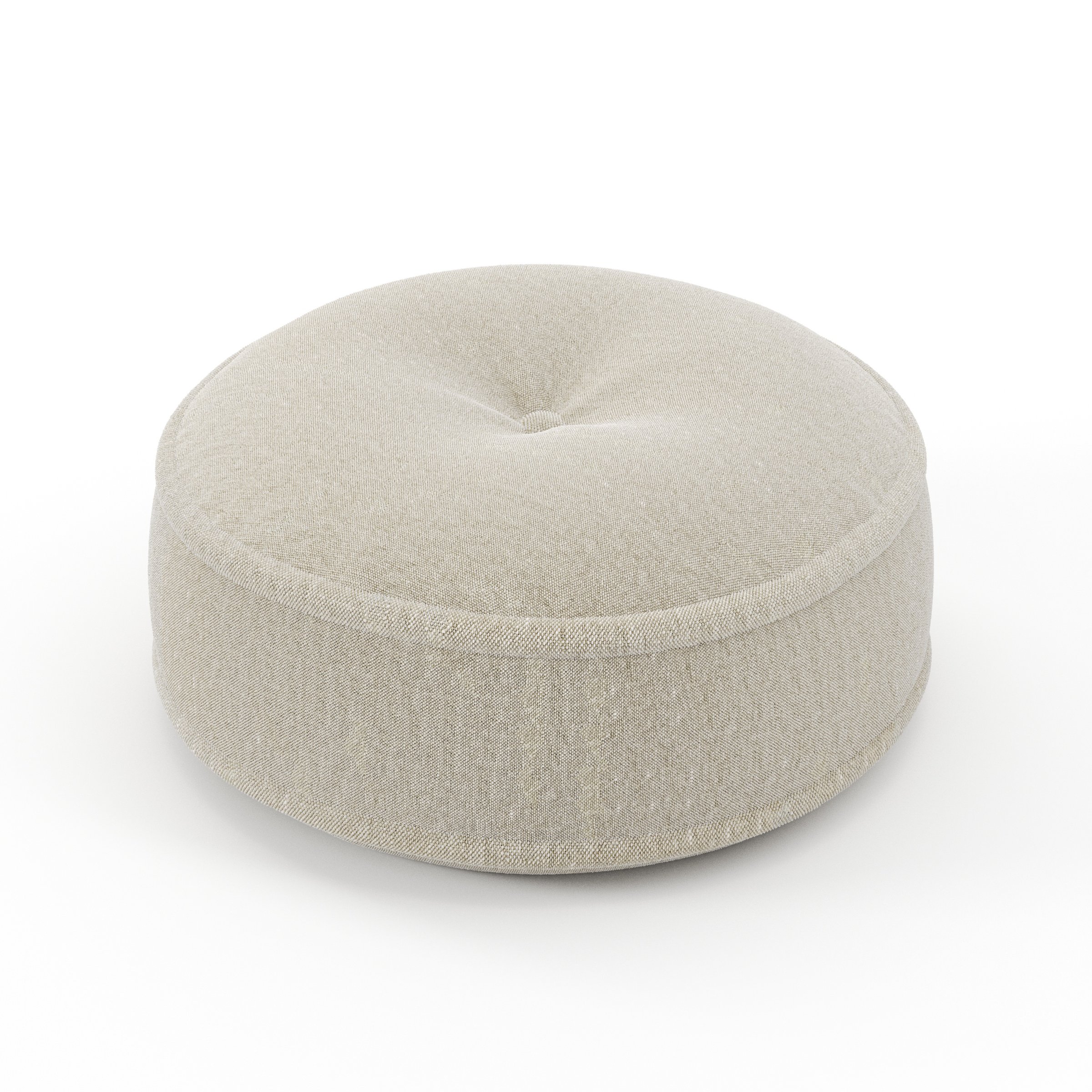Cove cushion in Alderney Linen Oatmeal, round tufted cushion with border and piping in natural oatmeal linen with subtle central tuft, size 40cm x 8.75cm