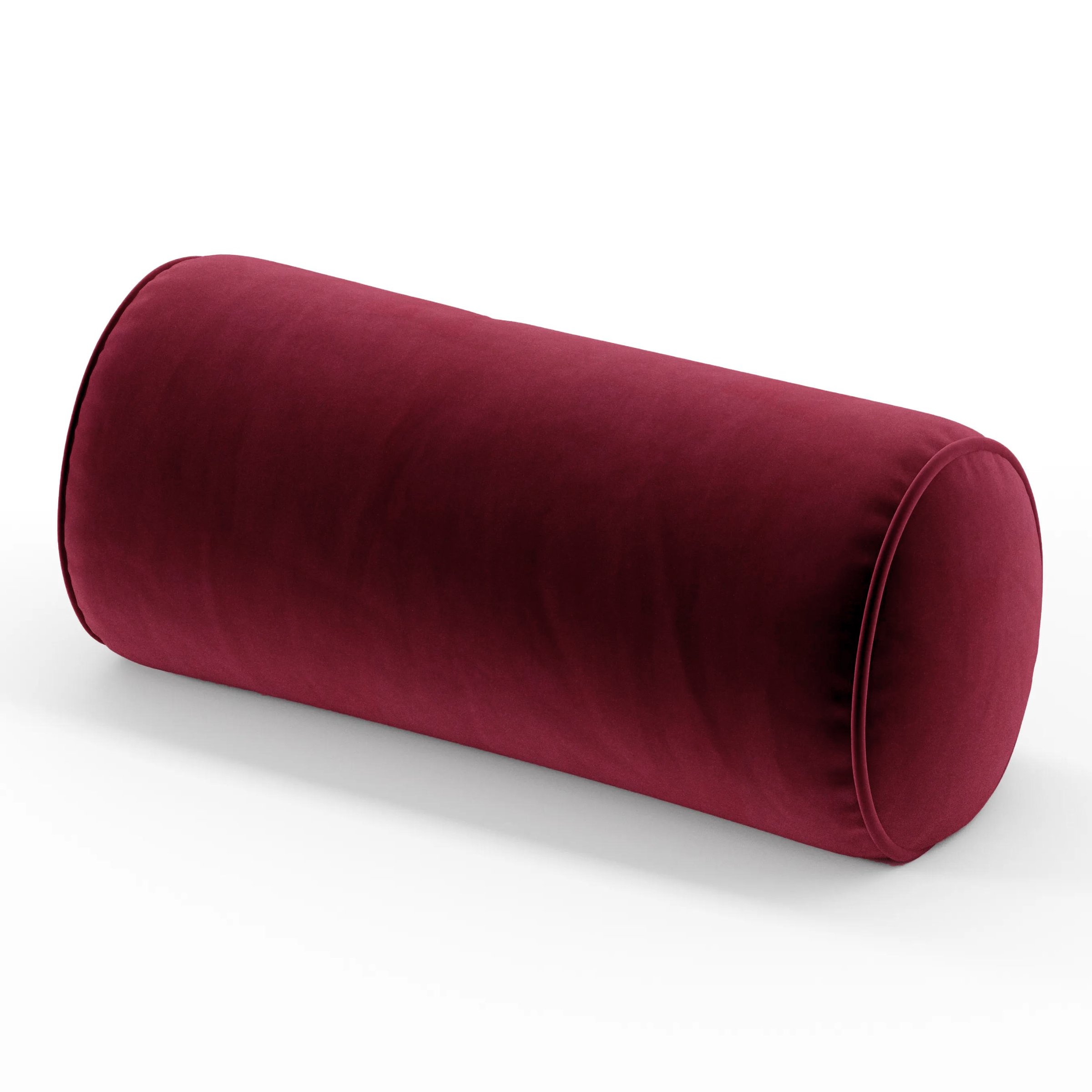 Ledger cushion in Noss Velvet Plum, cylindrical bolster cushion in deep plum velvet, size 26cm x 56cm