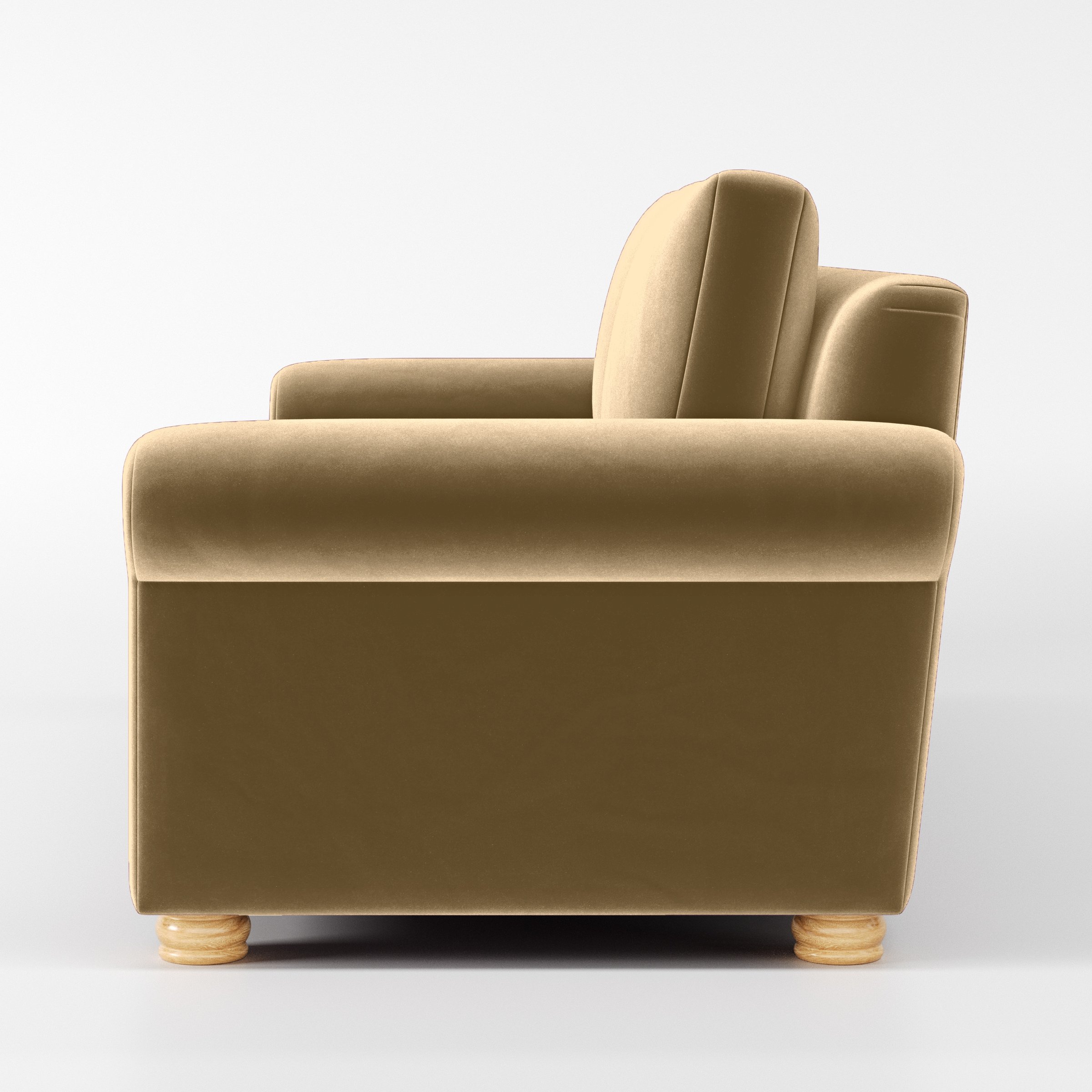 Side view of the Anna Lee sofa upholstered in Plush EasyClean Velvet in Cafe.