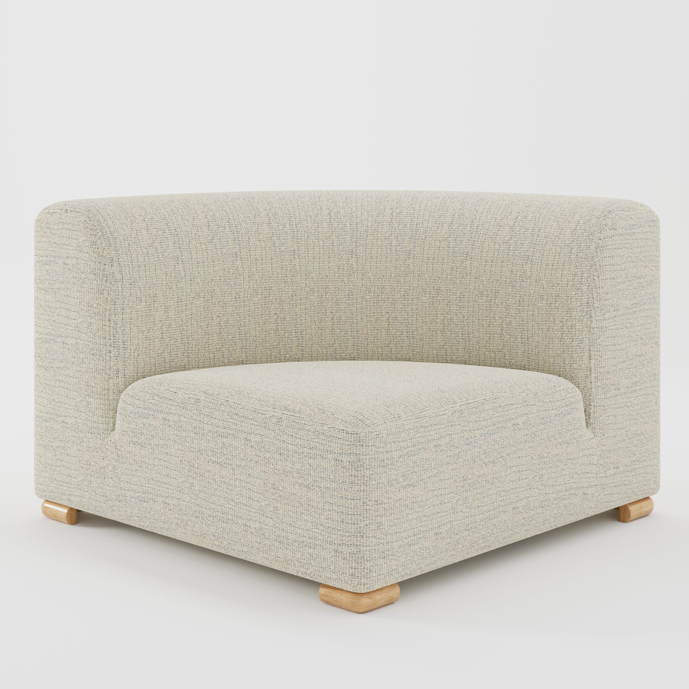 Tay corner sofa unit in Orsay Bouclé Cream and Marine shown from the front with a curved corner seat, wraparound backrest and visible timber feet.