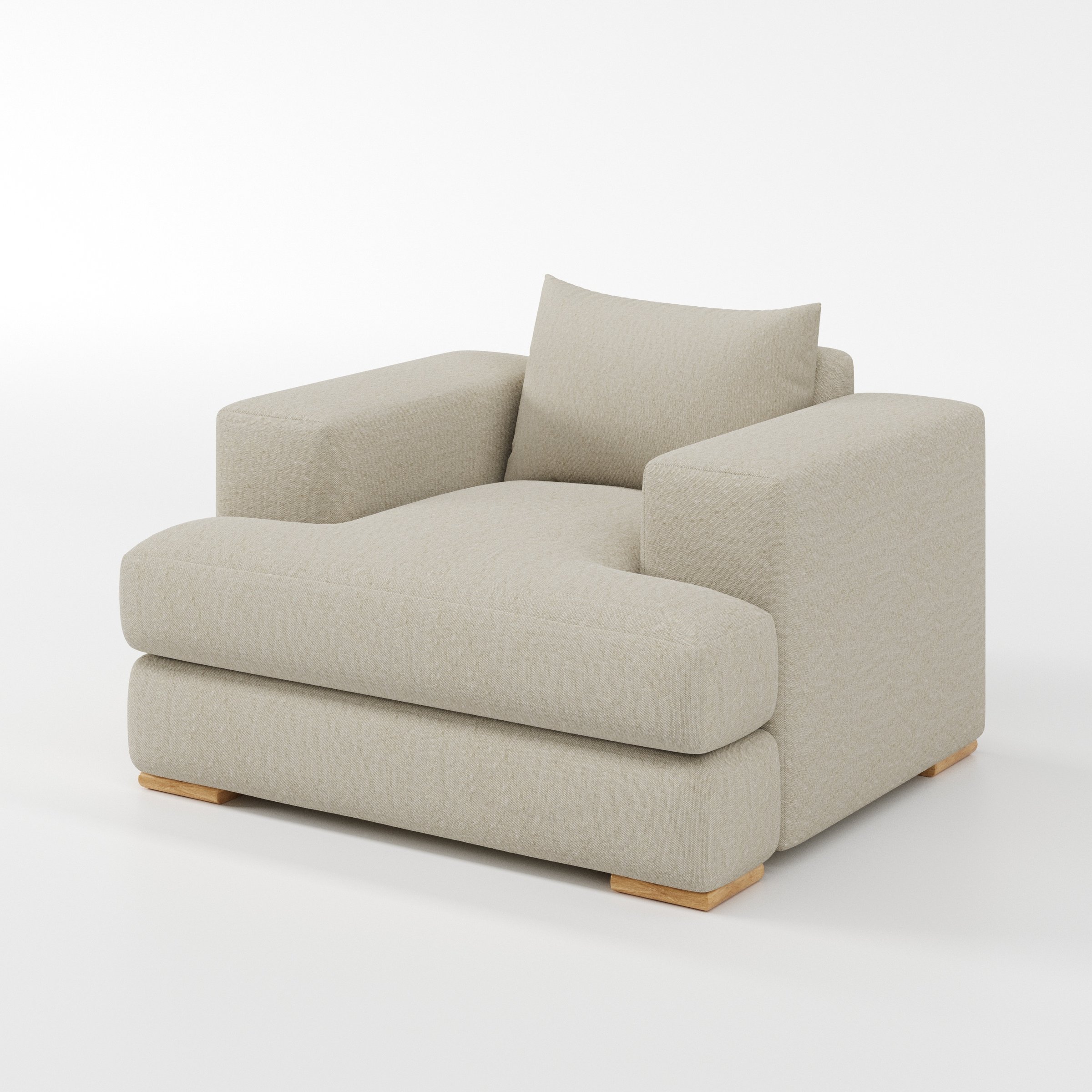 Fane armchair in Alderney Linen Oatmeal shown at a diagonal angle highlighting arms and seat depth.