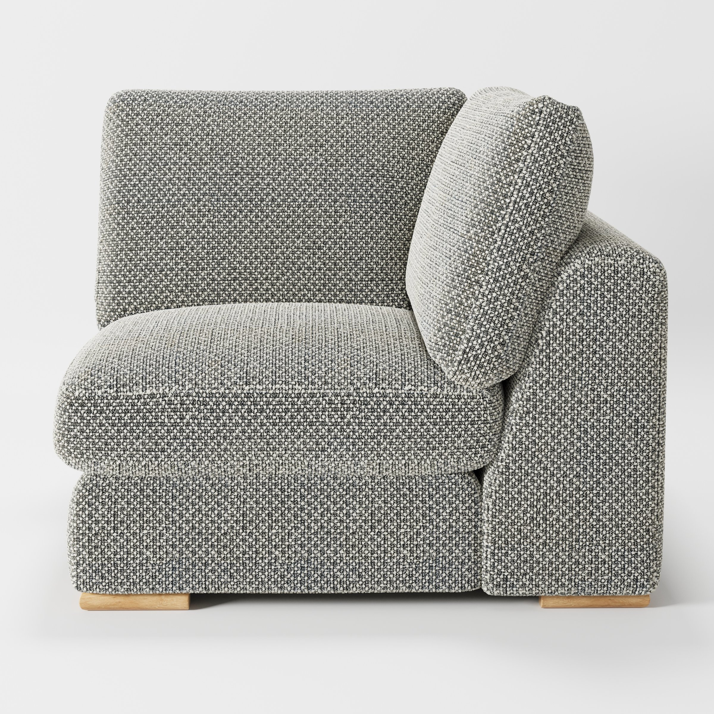 Olton corner unit in Rousay wool blend tar and chalk fabric, right side view emphasising cushion support and texture