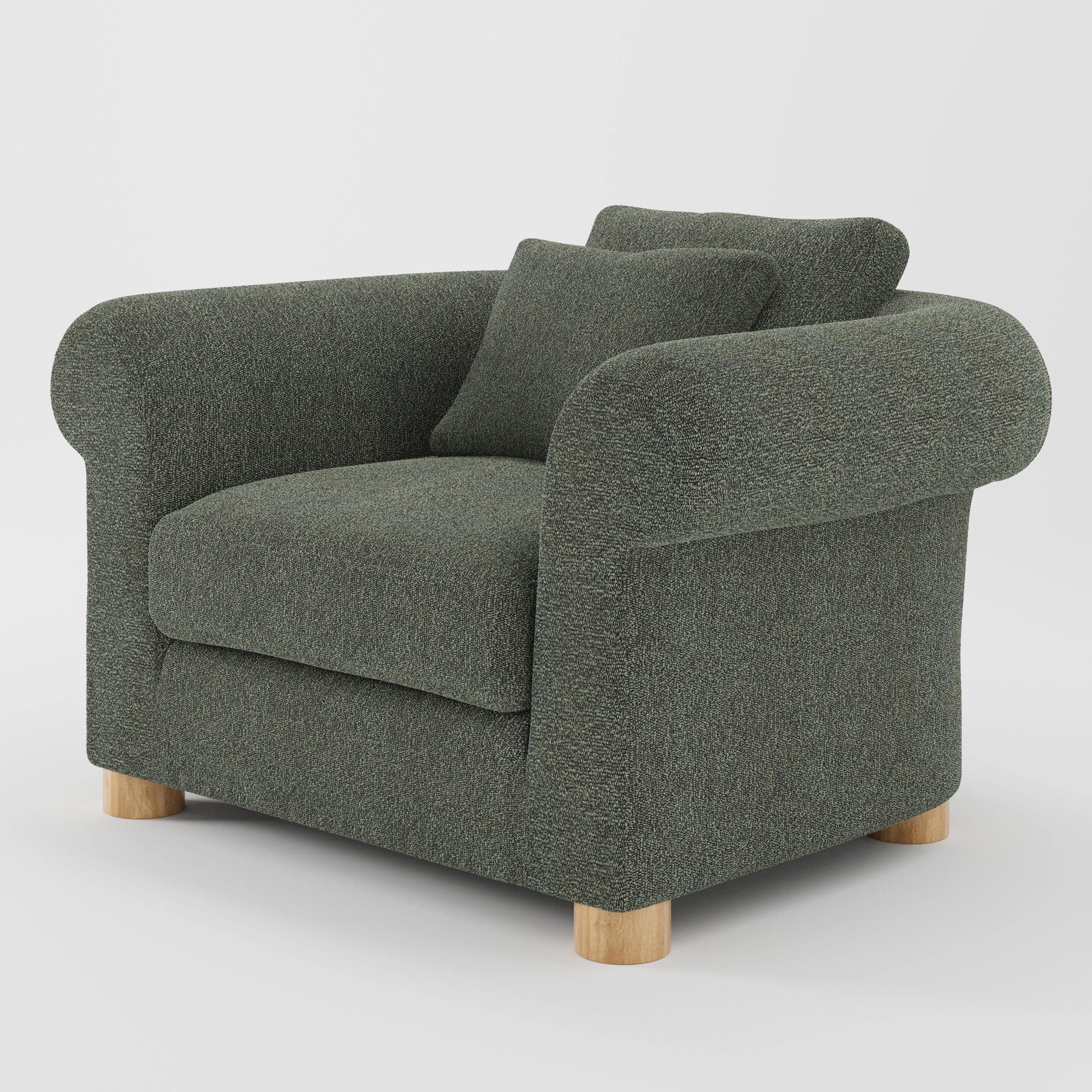 Windermere armchair in Kilda Boucle Moss shown at a diagonal angle highlighting rounded arms and relaxed seat depth.
