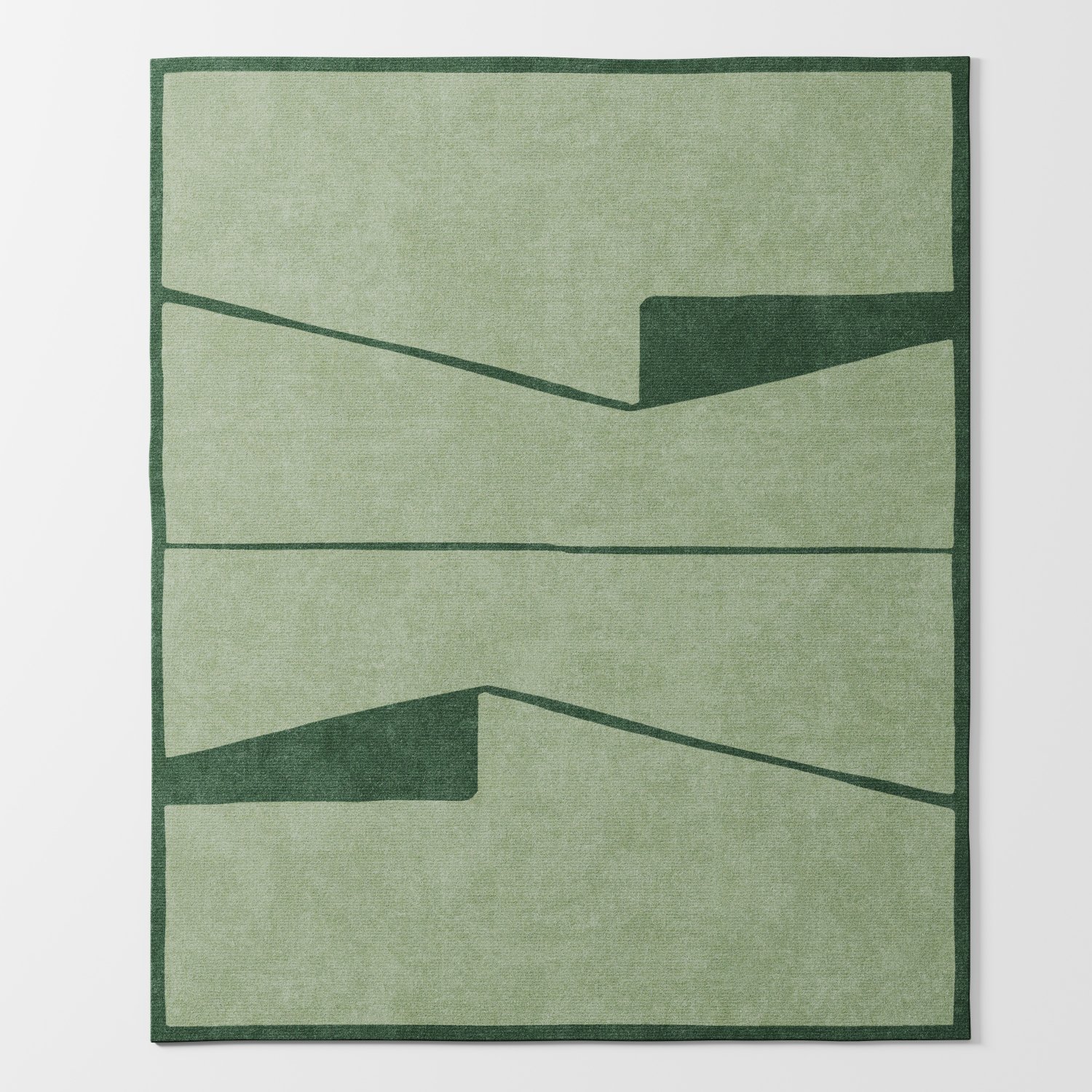 Marl rug in soft green tones with abstract linear geometric pattern, full view showing rectangular layout and tonal border, hand tufted wool and viscose blend