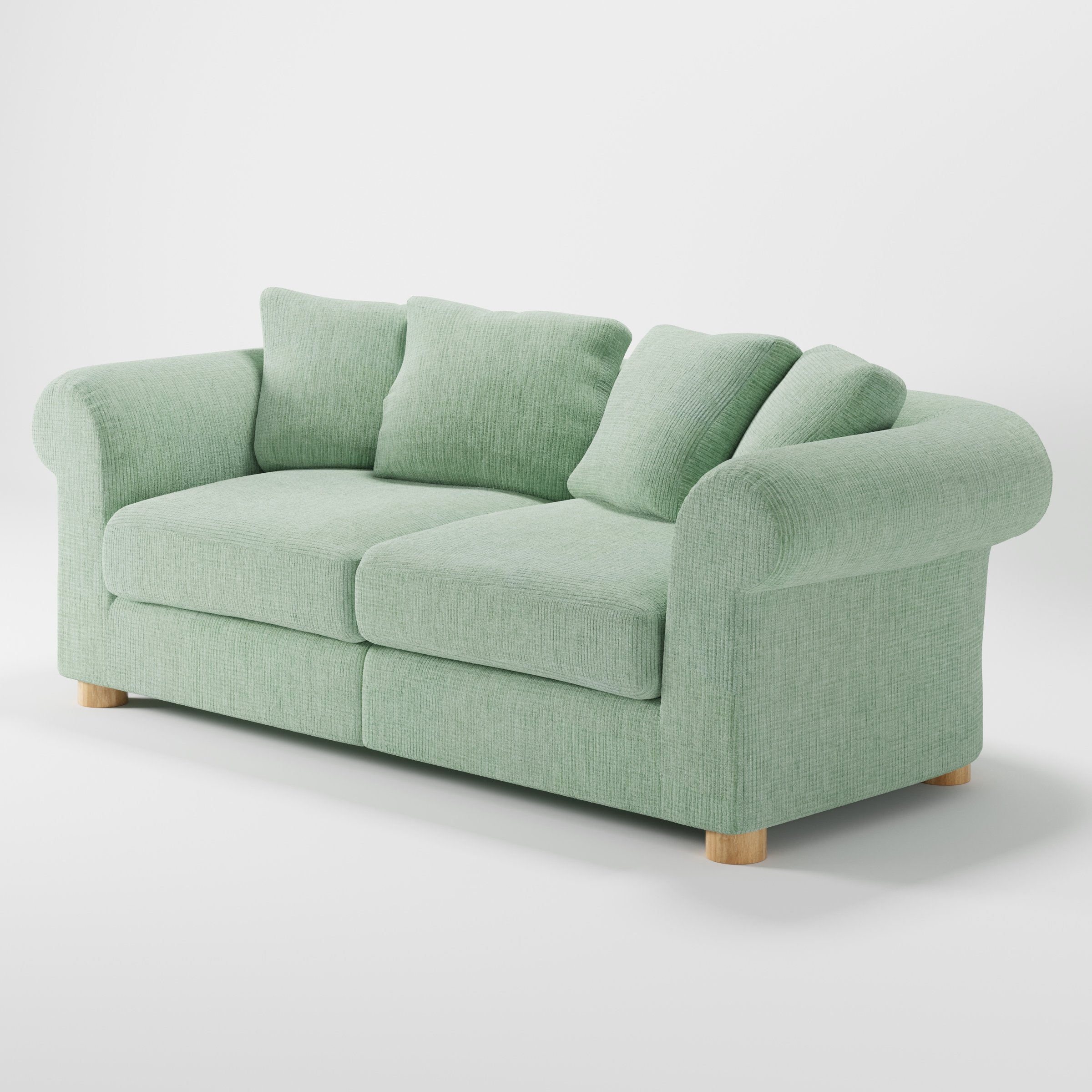 Windermere sofa in Caldey Velvet Corduroy Eucalyptus shown at a diagonal angle highlighting arm profile and seat depth.