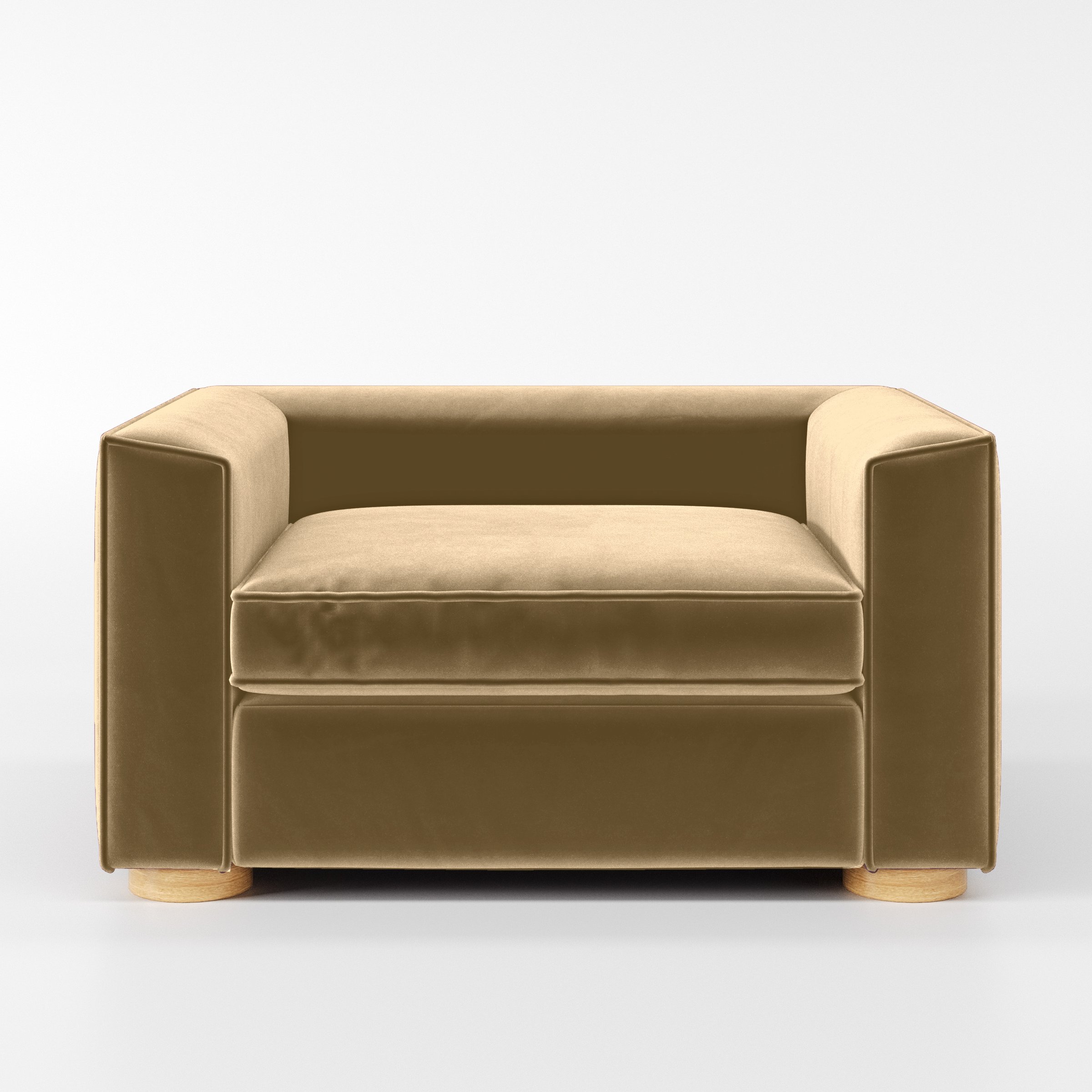Front view of the Feale armchair upholstered in Plush EasyClean Velvet in Cafe.