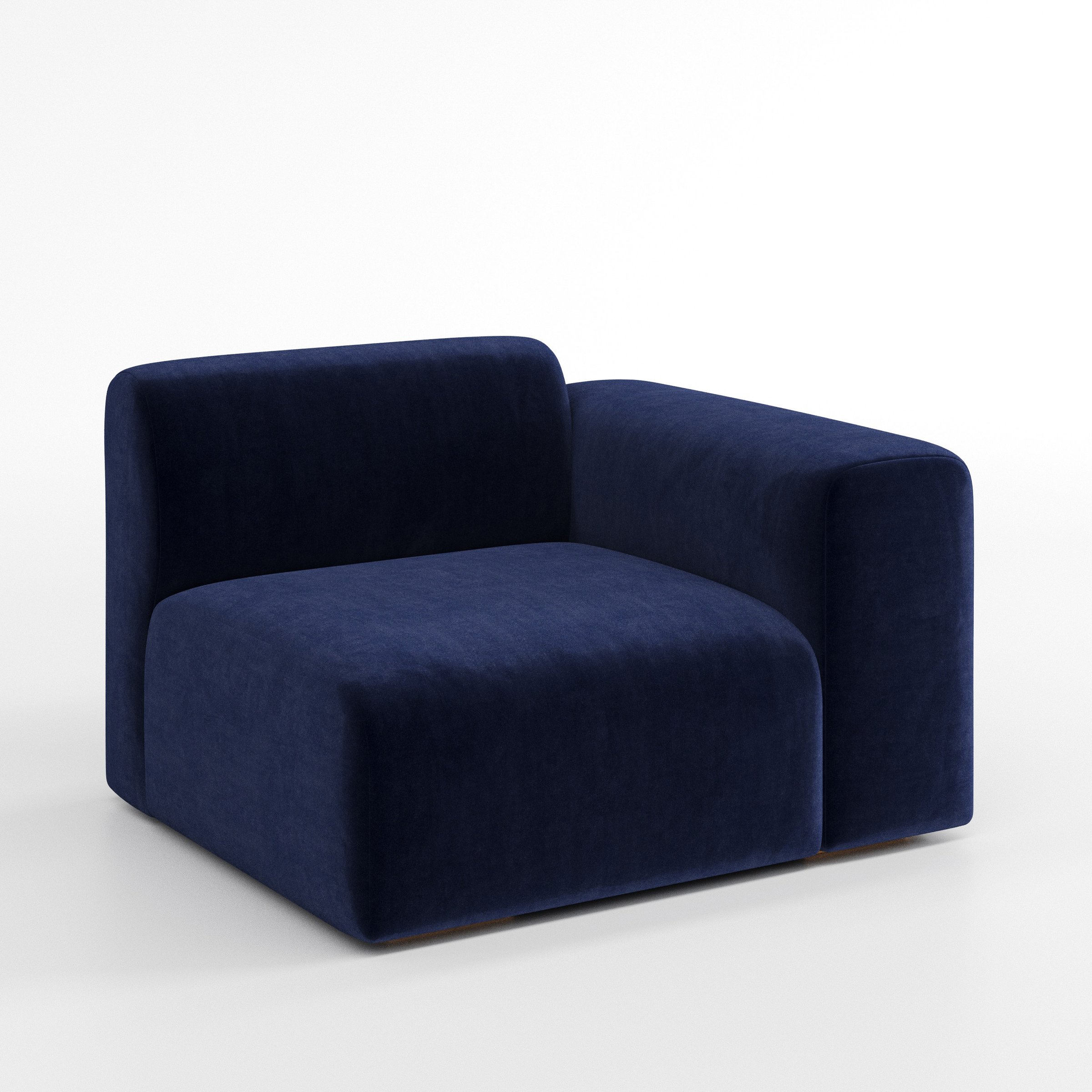 Drumquin modular sofa right side unit in Noss Velvet Navy shown at a diagonal angle highlighting the curved right armrest and generous seat depth.