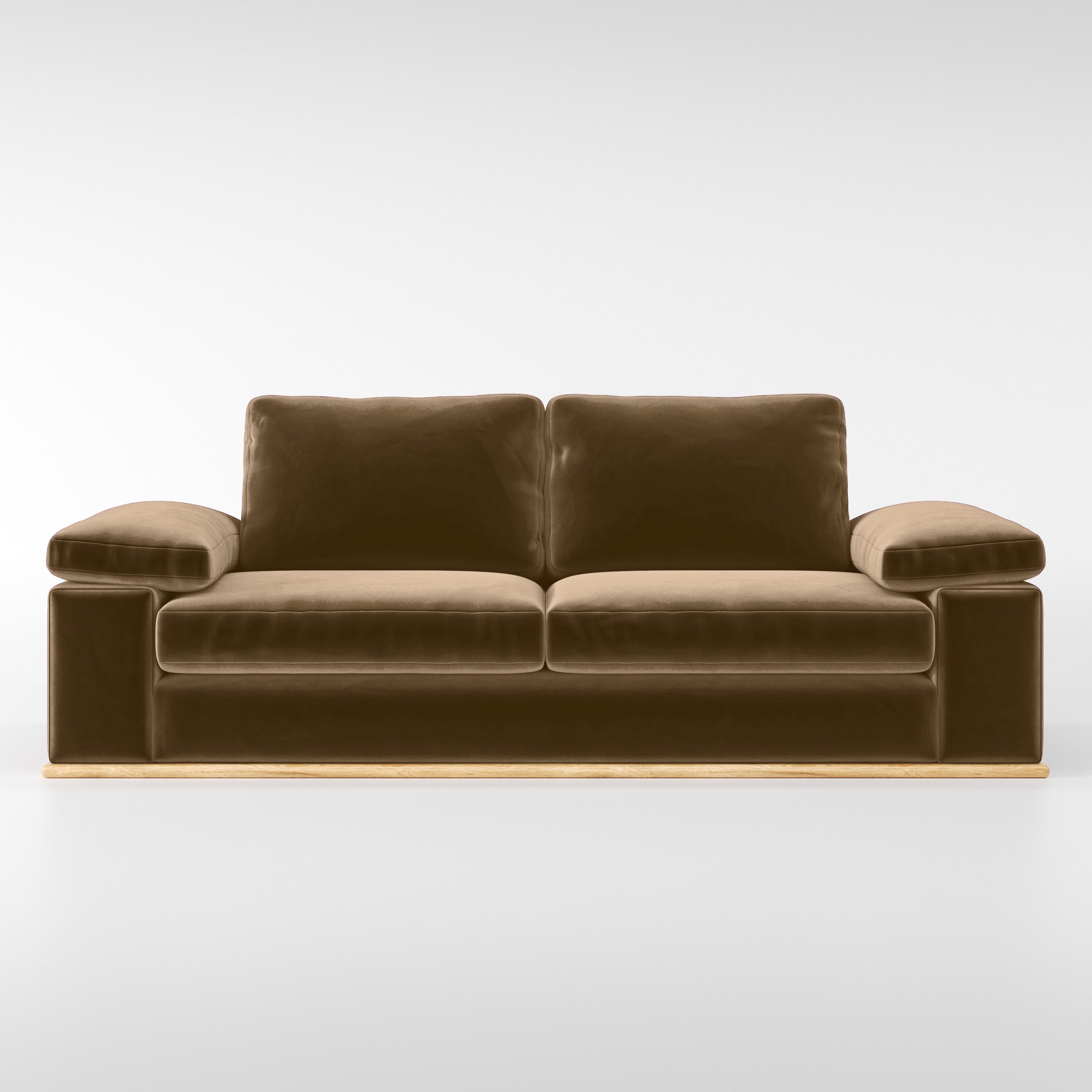 Front view of the Cusher sofa upholstered in Plush EasyClean Velvet in Caribou.