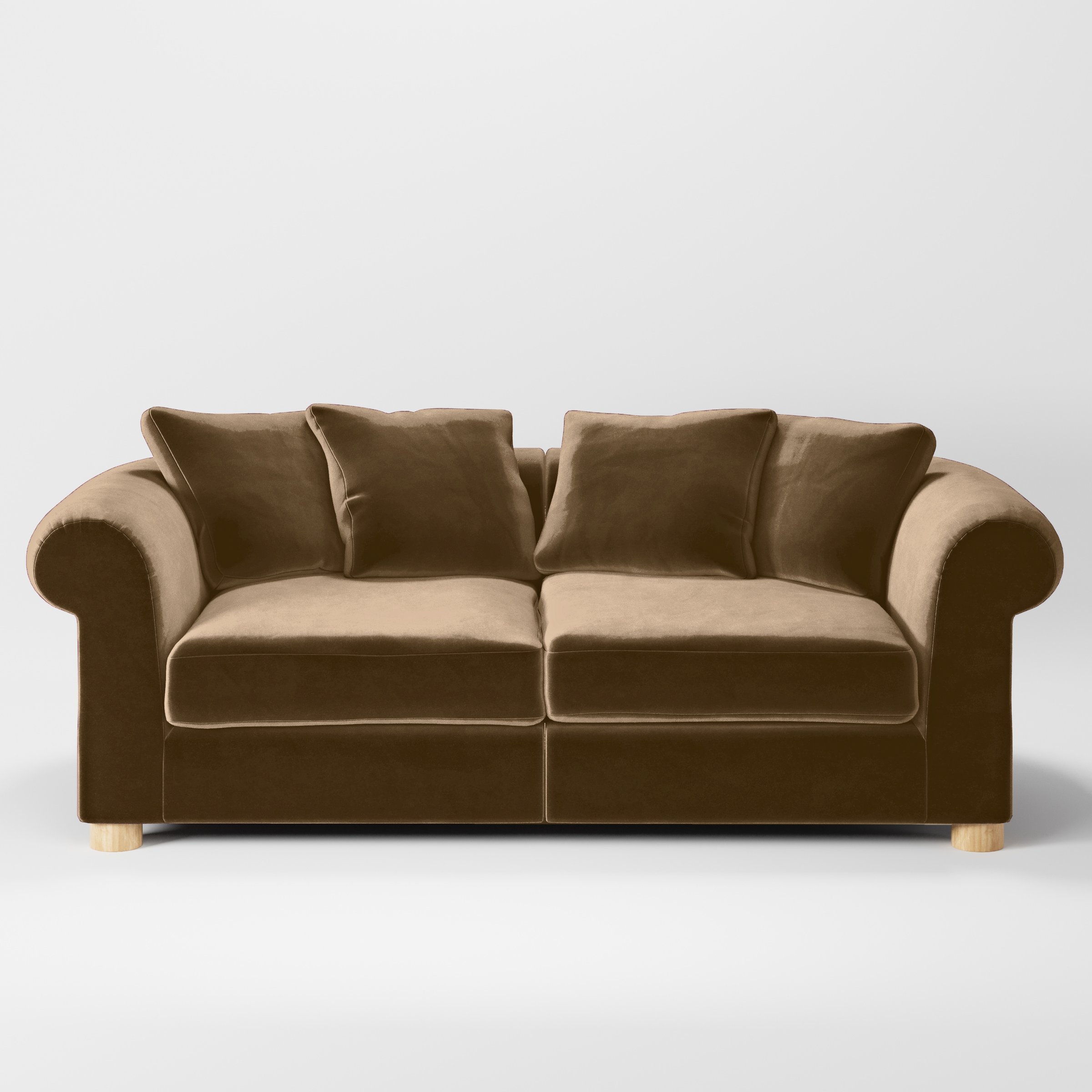 Front view of the Windermere sofa upholstered in Plush EasyClean Velvet in Caribou.