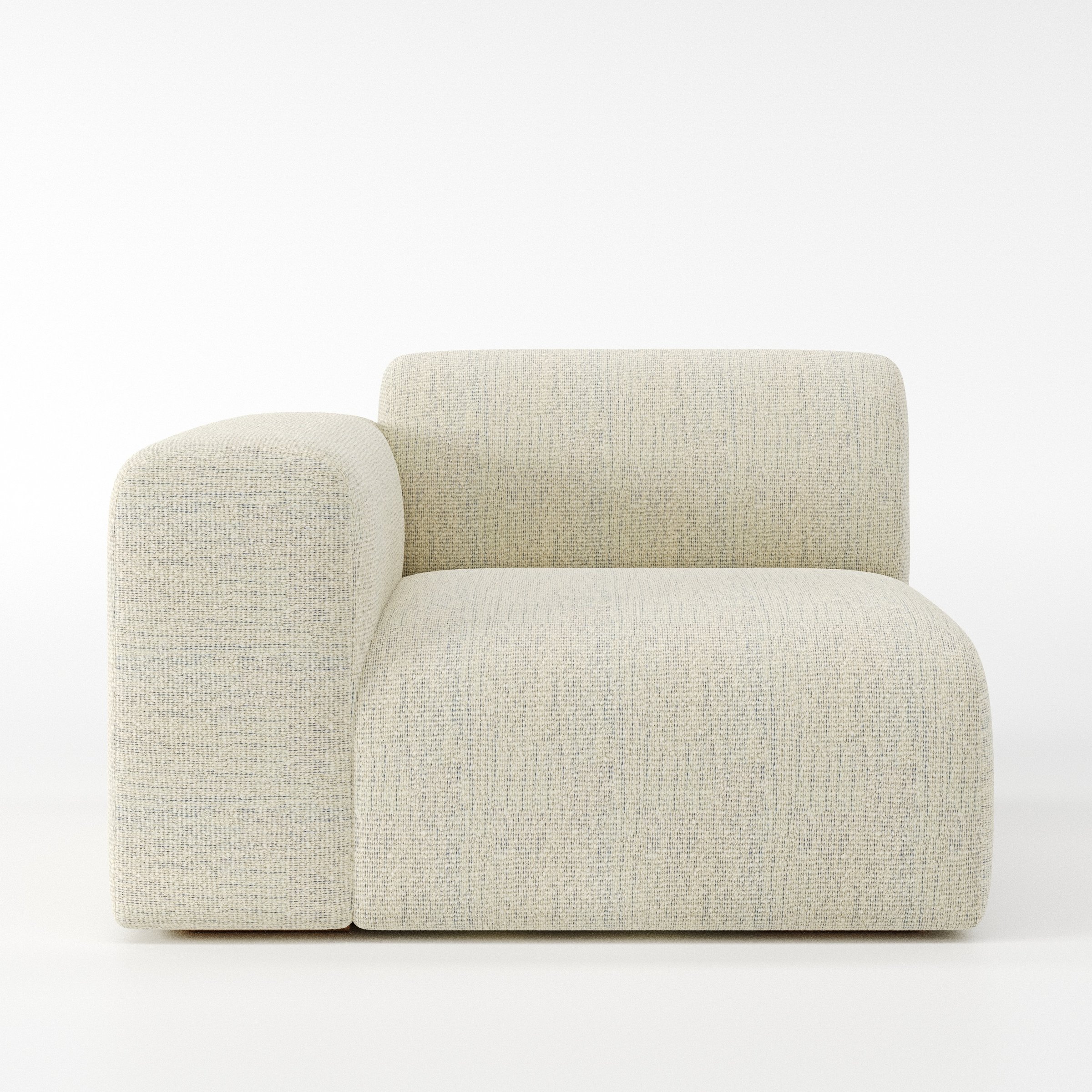 Drumquin modular sofa left side unit in Orsay Bouclé Cream and Marine shown from the front with a low, deep seat and a rounded left armrest.