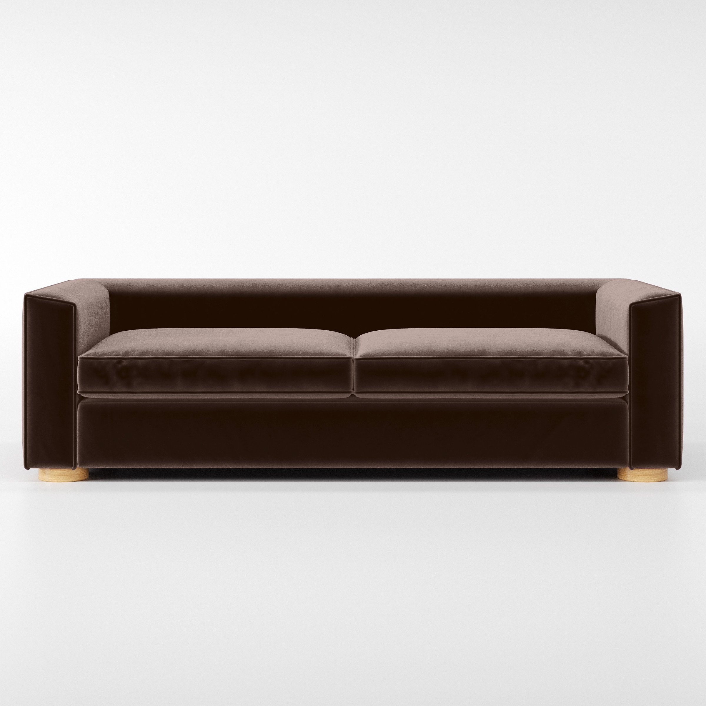 Front view of the Feale sofa upholstered in Plush EasyClean Velvet in Mole.
