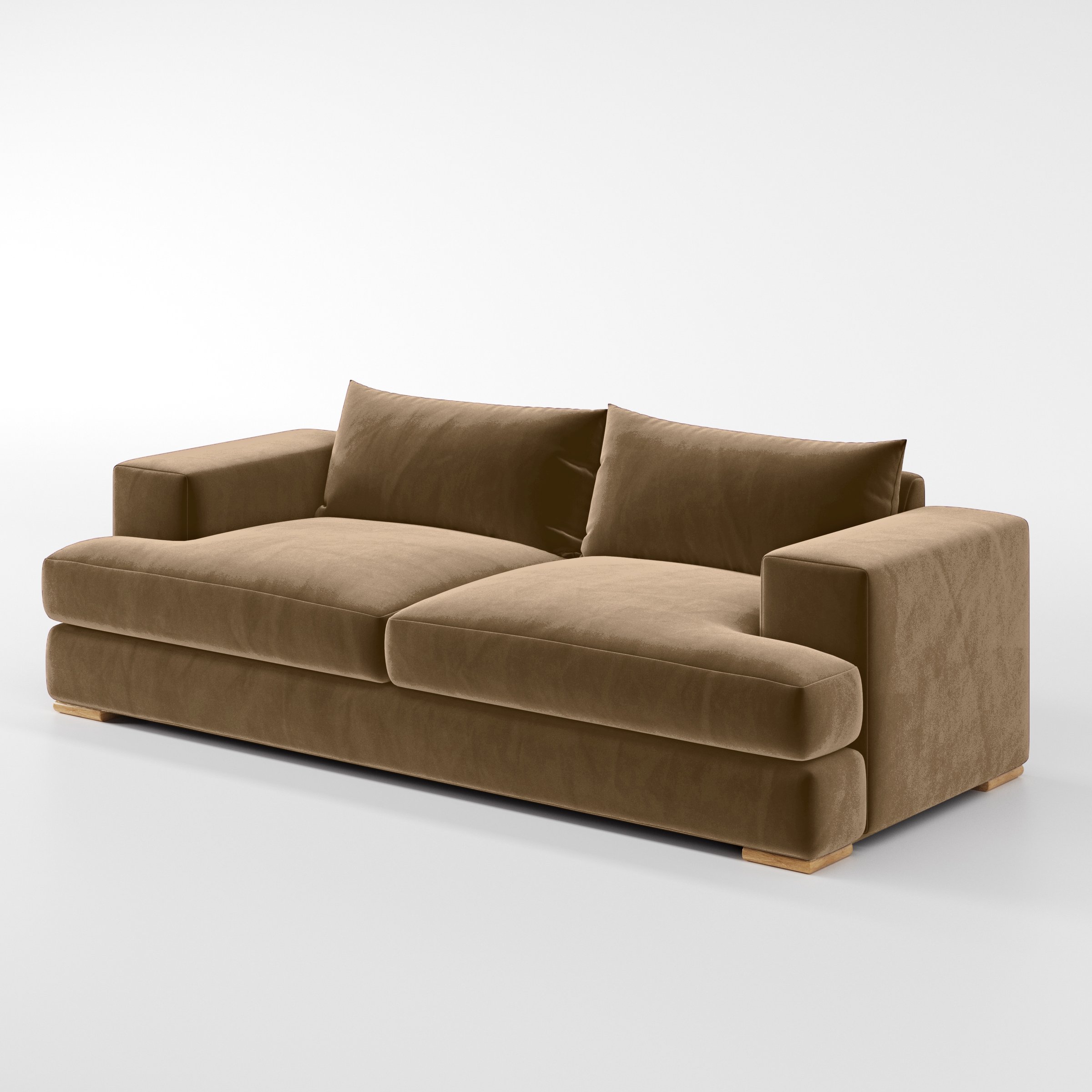 Diagonal view of the Fane sofa upholstered in Plush EasyClean Velvet in Caribou.