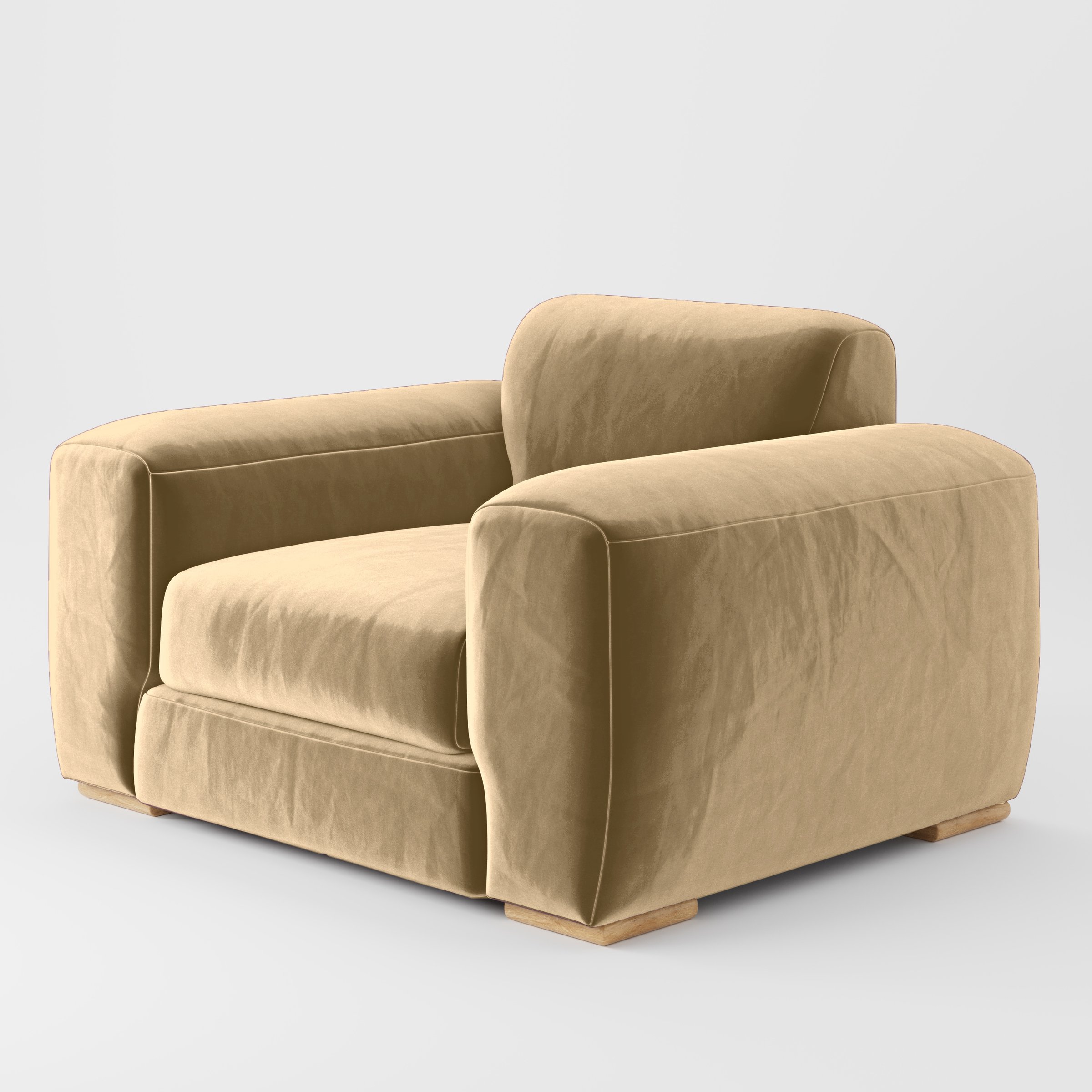 Diagonal view of the Darwell armchair upholstered in Plush EasyClean Velvet in Cafe.