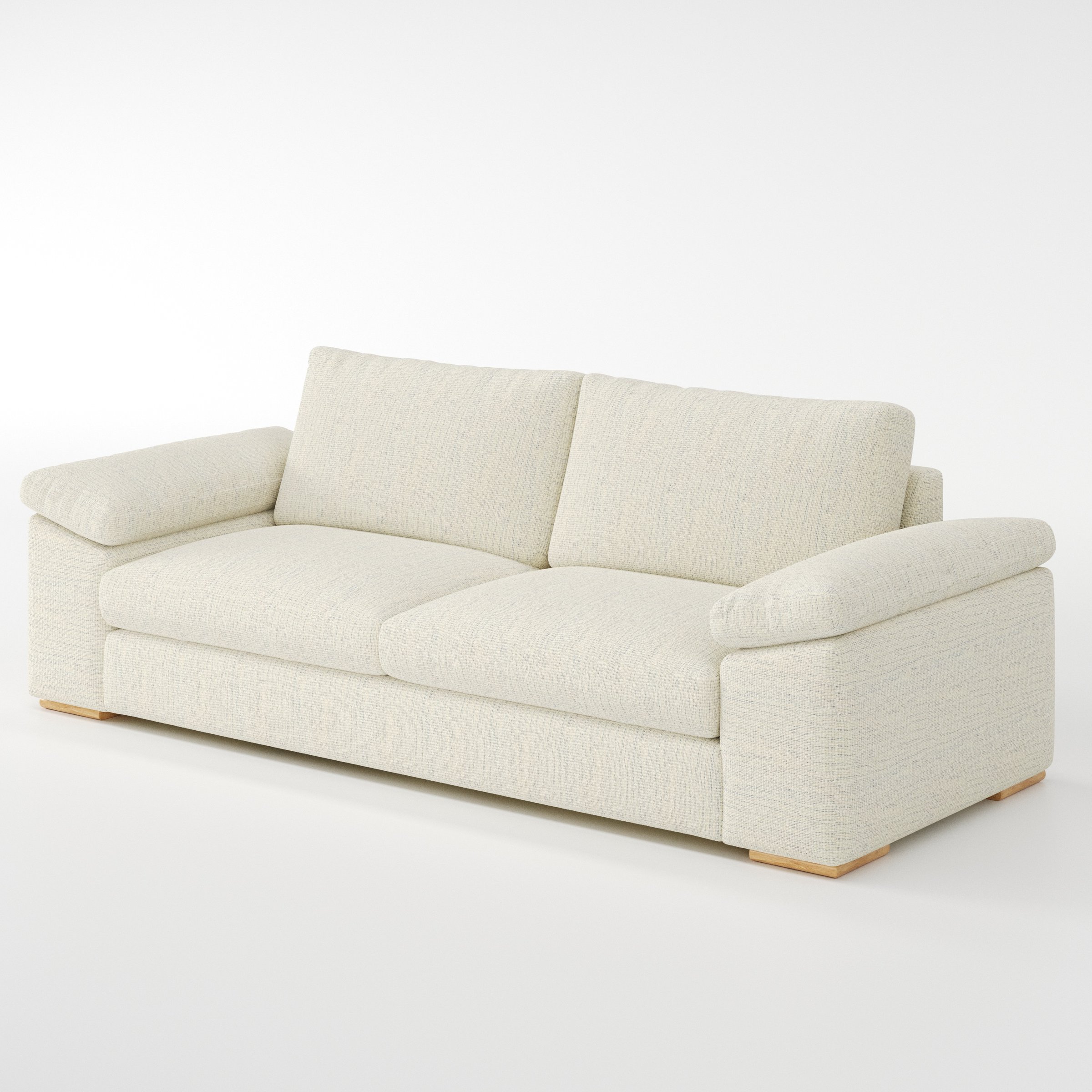 Moy sofa in Orsay Boucle Cream and Marine shown at a diagonal angle highlighting arm profile and seat depth.