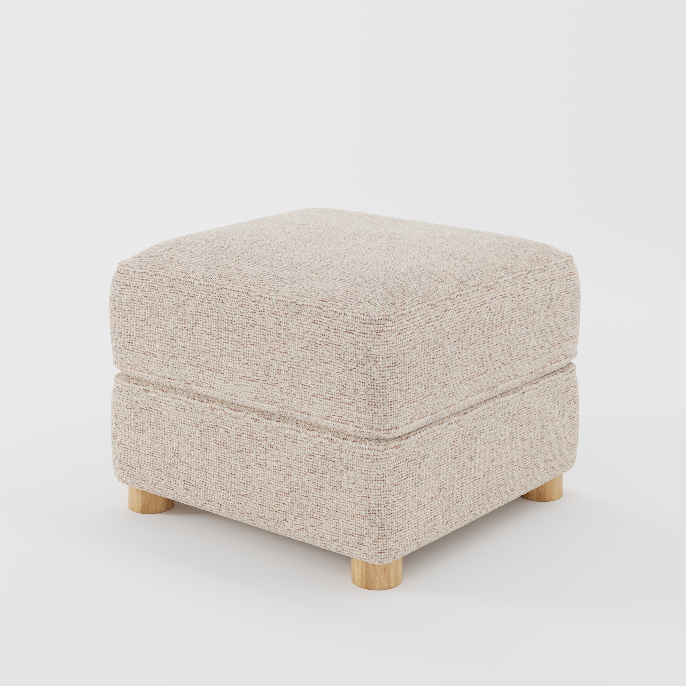 Fergus footstool in Orsay Boucle Cream and Copper shown at a diagonal angle highlighting compact proportions and rounded wooden feet.