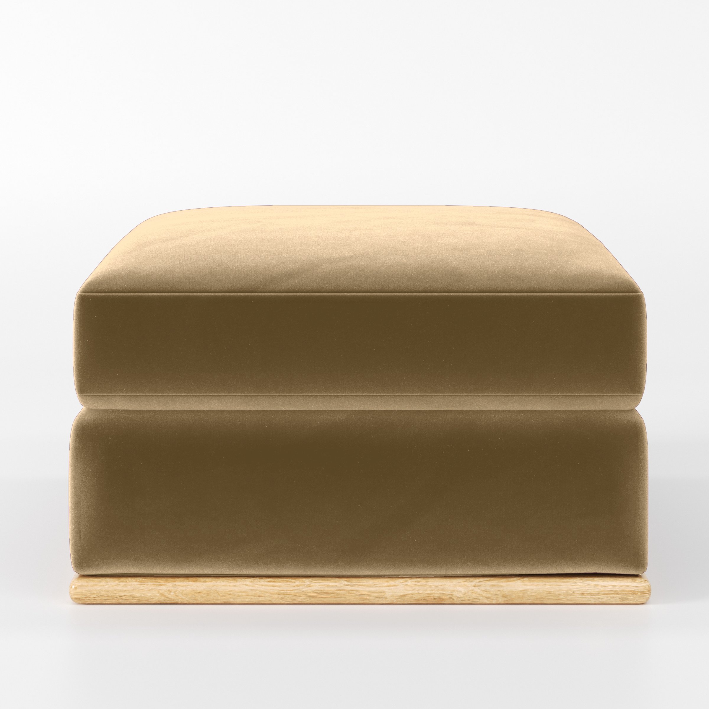 Front view of the Cusher footstool upholstered in Plush EasyClean Velvet in Cafe.