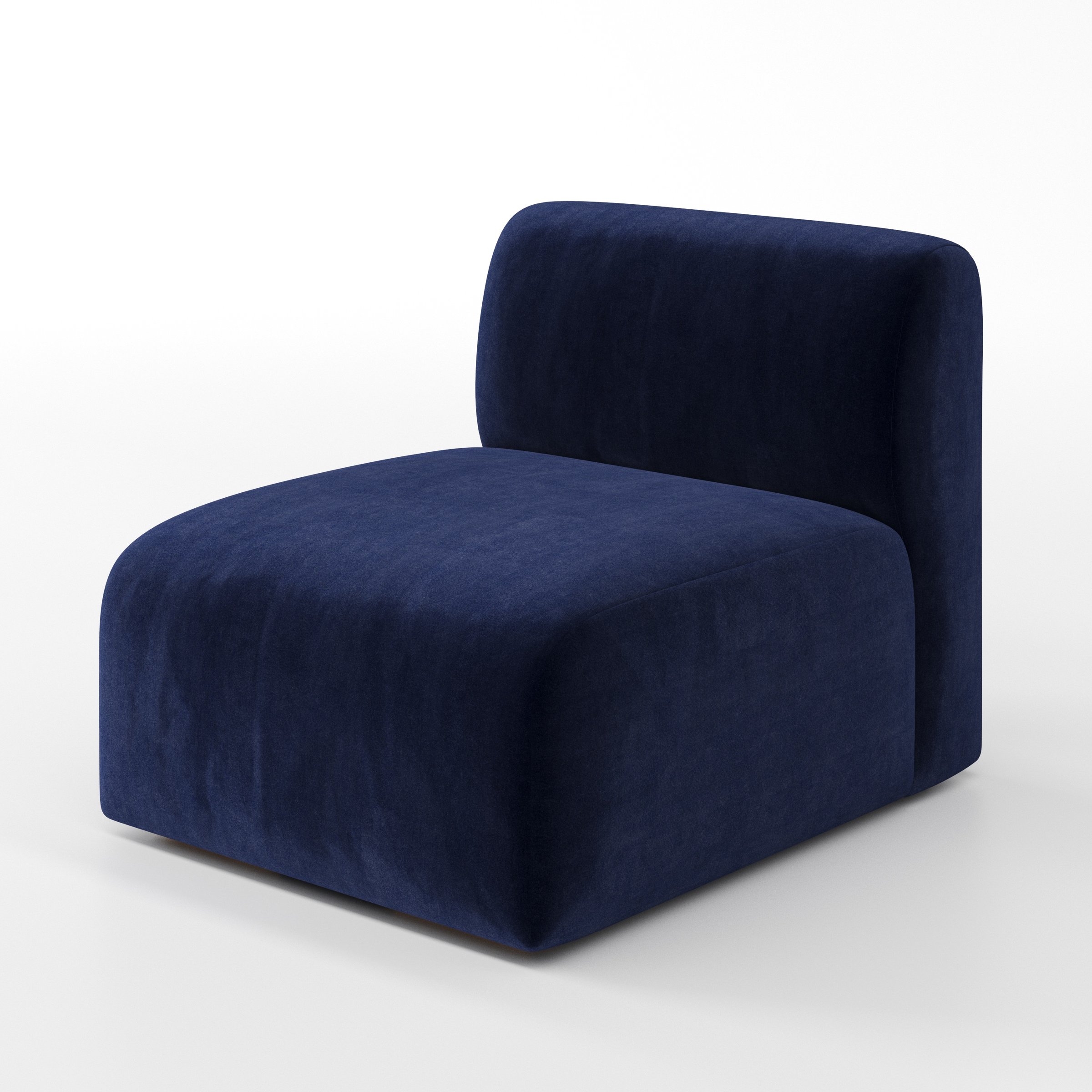 Drumquin modular sofa single unit in Noss Velvet Navy shown at a diagonal angle highlighting its curved form and generous proportions.