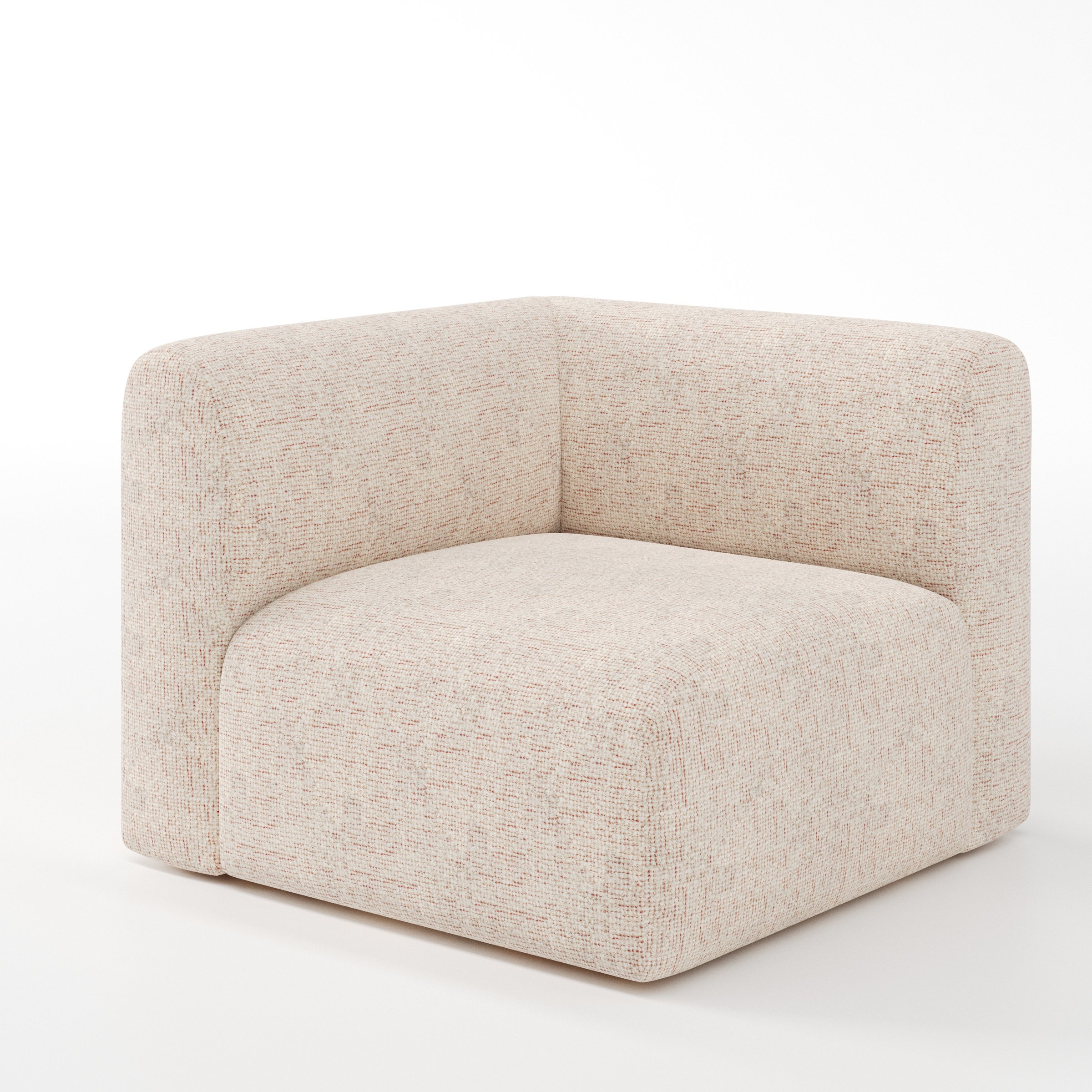 Drumquin modular sofa corner unit in Orsay Bouclé Cream and Copper shown at a diagonal angle highlighting the curved corner backrest and deep, enveloping seat.