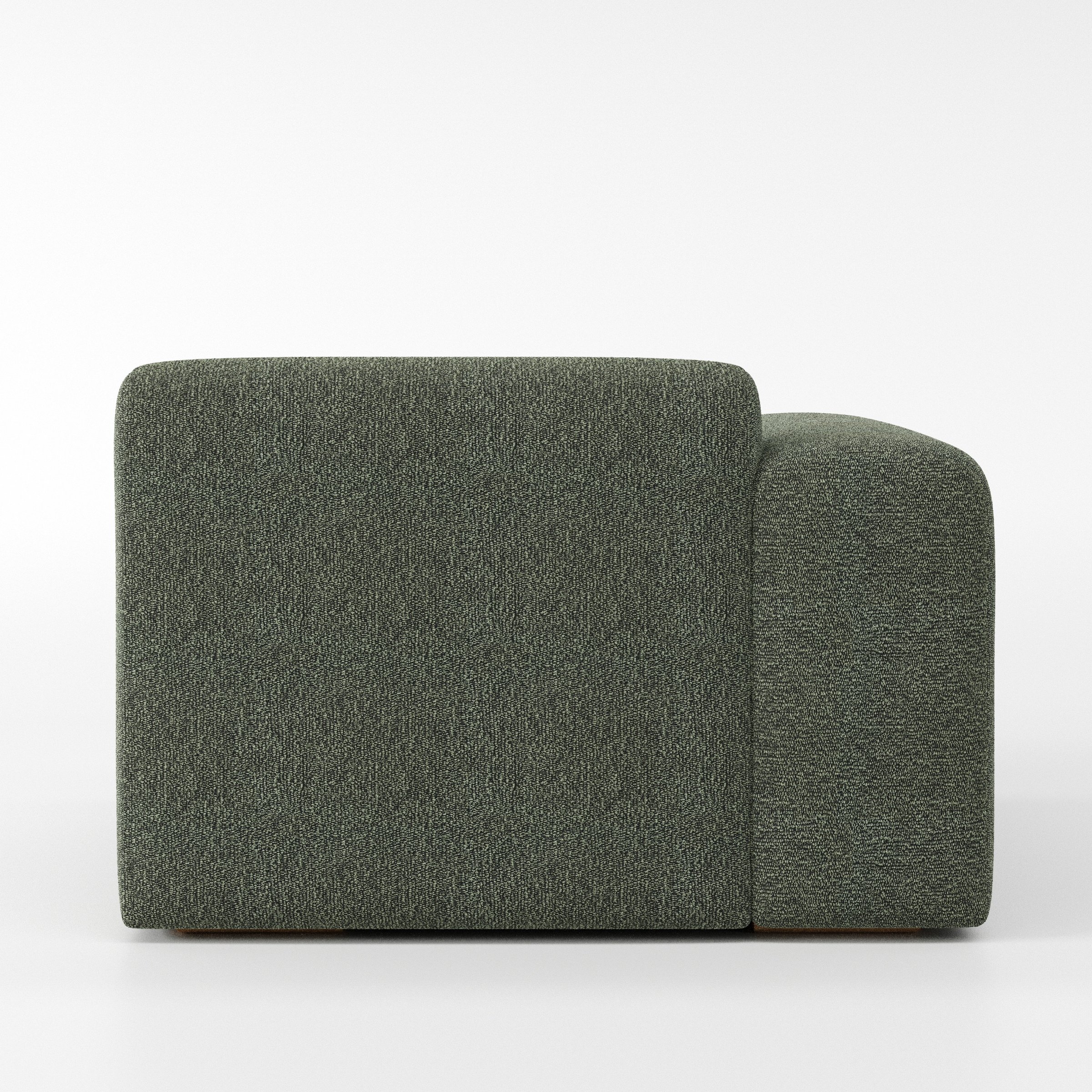 Drumquin modular sofa left side unit in Kilda Bouclé Moss shown from the back with a smooth, softly curved silhouette and armrest edge visible.