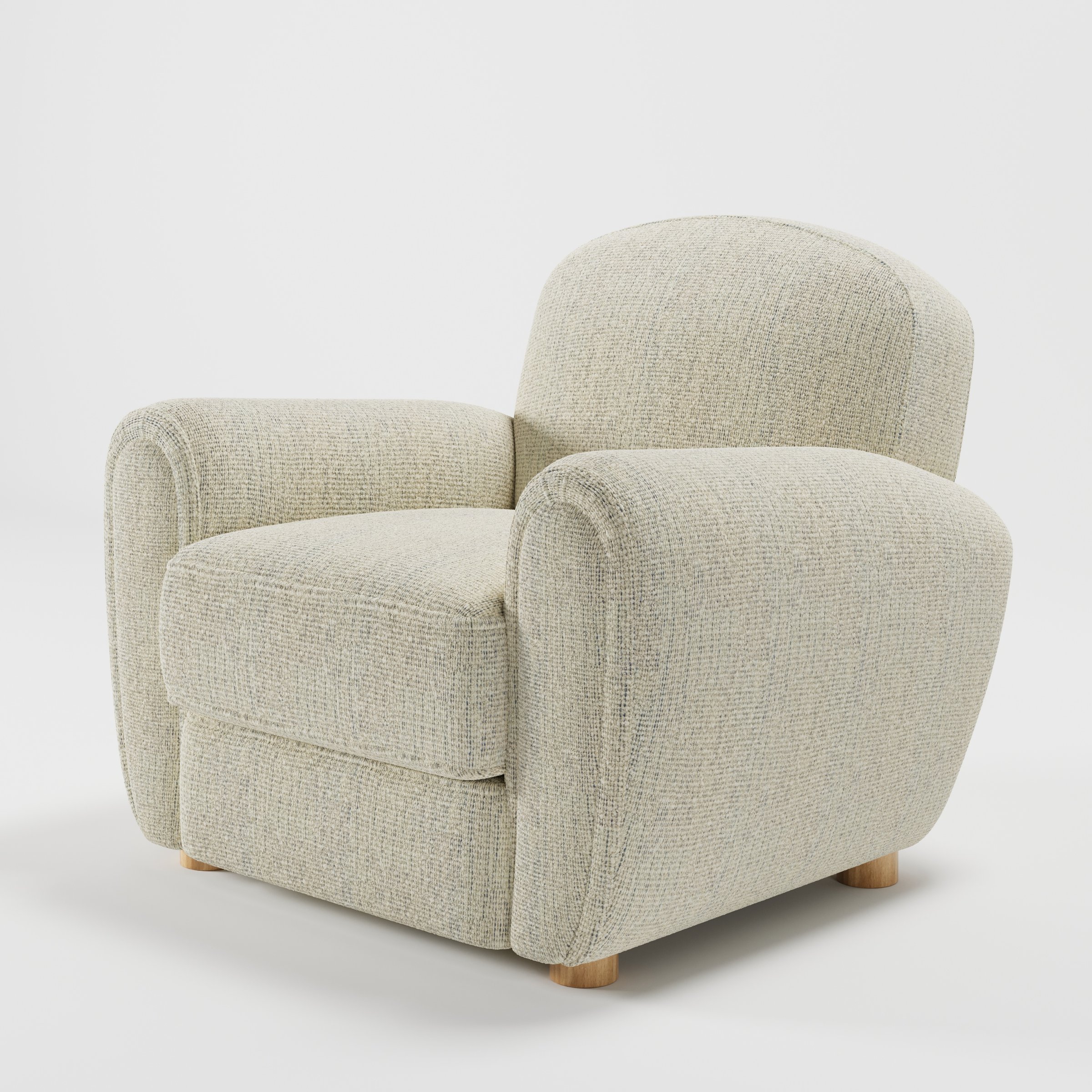 Fergus armchair in Orsay Boucle Cream and Marine shown at a diagonal angle highlighting rounded arms and seat depth.