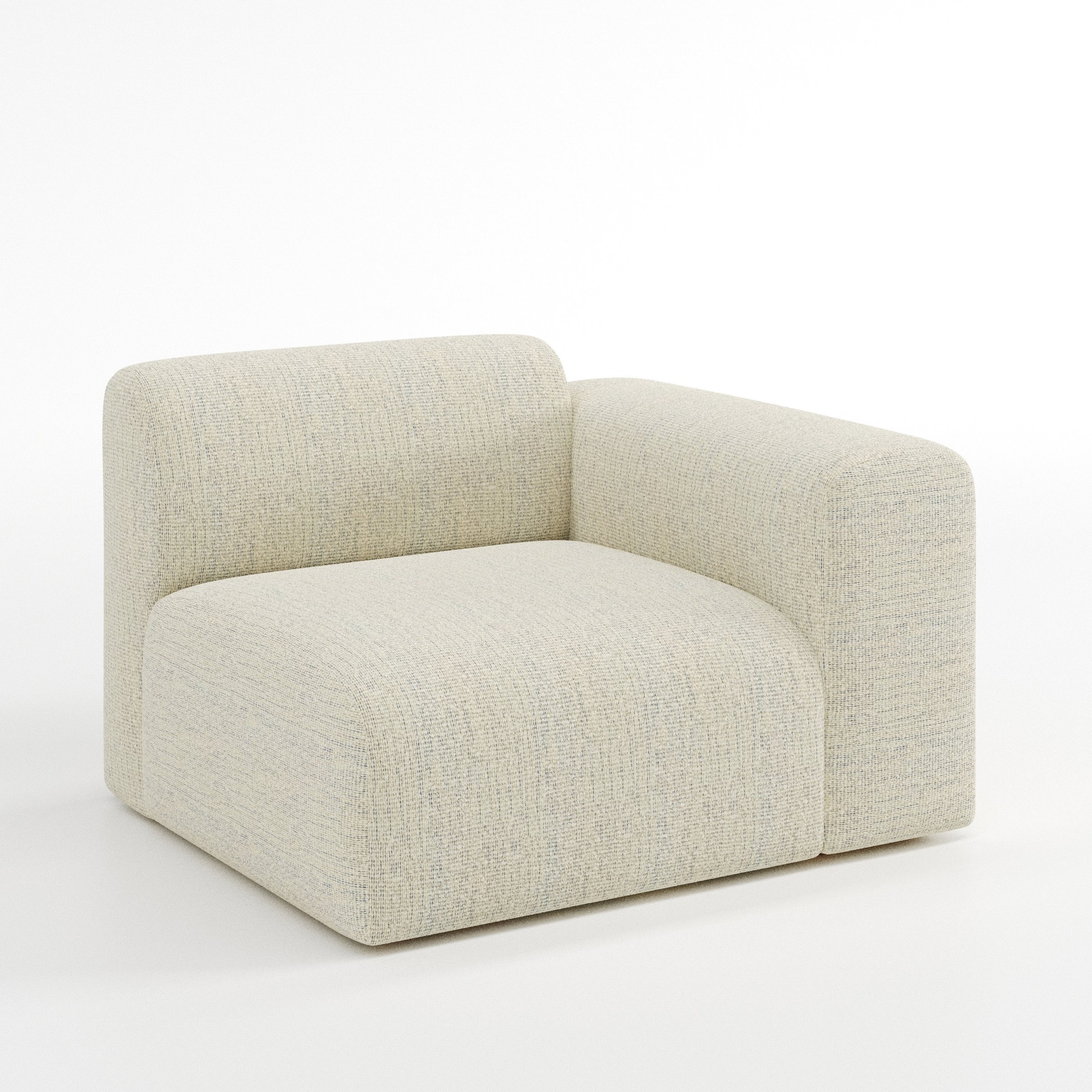 Drumquin modular sofa right side unit in Orsay Bouclé Cream and Marine shown at a diagonal angle highlighting the curved right armrest and generous seat depth.