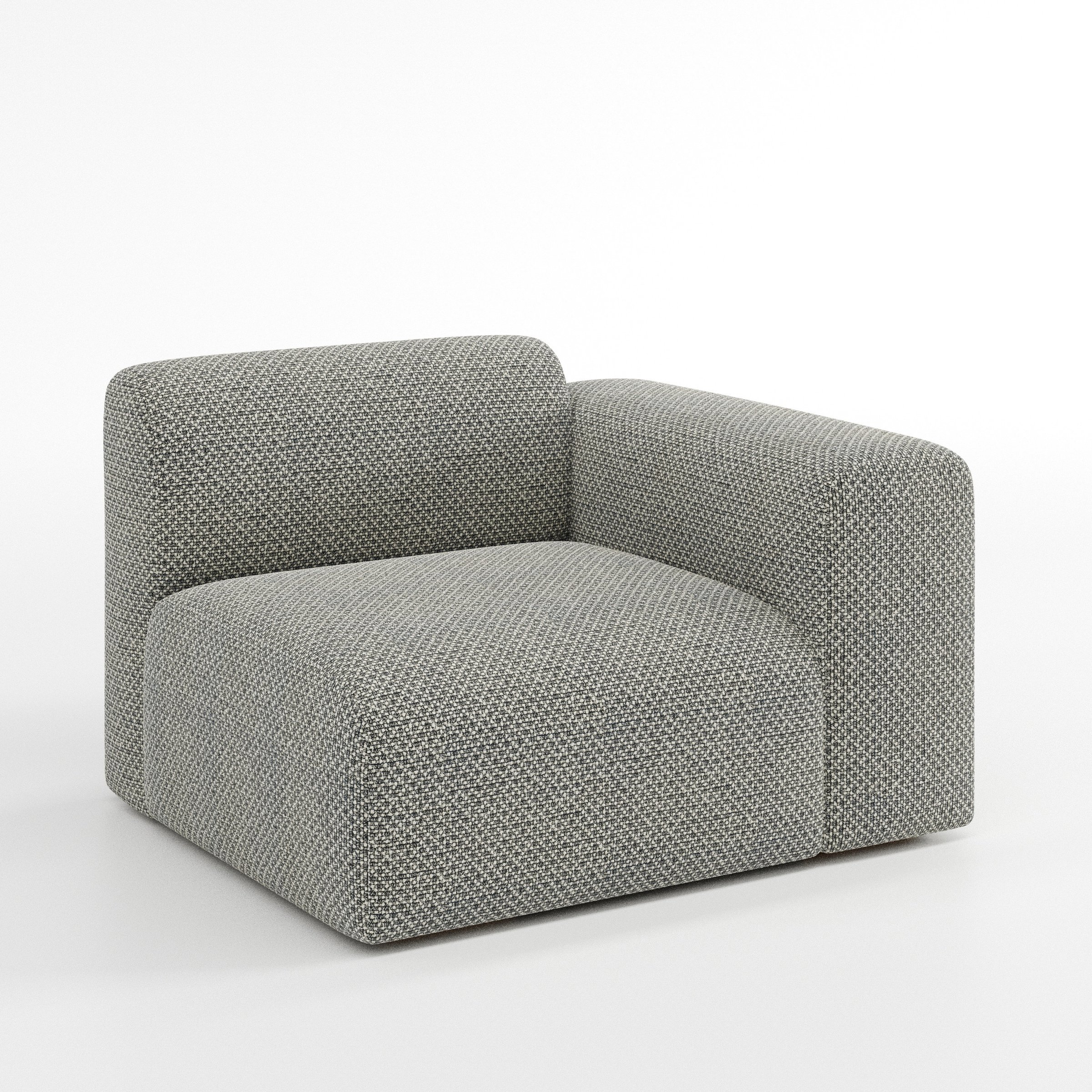 Drumquin modular sofa right side unit in Rousay Wool Blend Tar and Chalk shown at a diagonal angle highlighting the curved right armrest and generous seat depth.