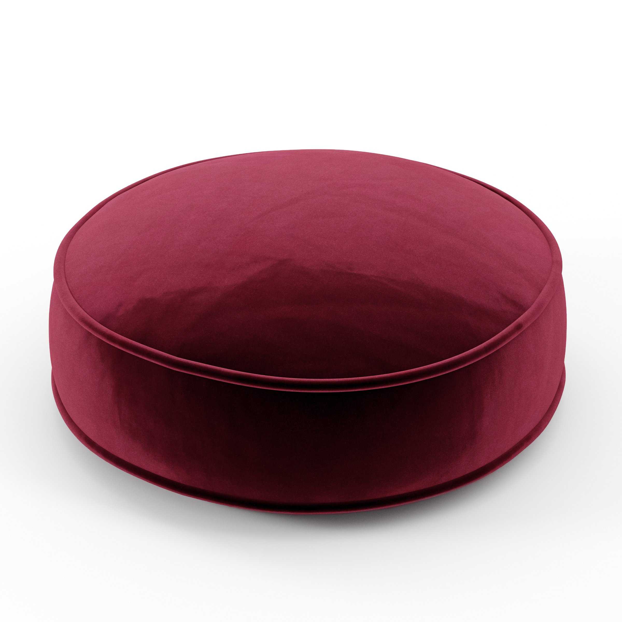 Orbit cushion in Noss Velvet Plum, round simple cushion with border and piping in deep plum velvet, size 40cm x 8.75cm
