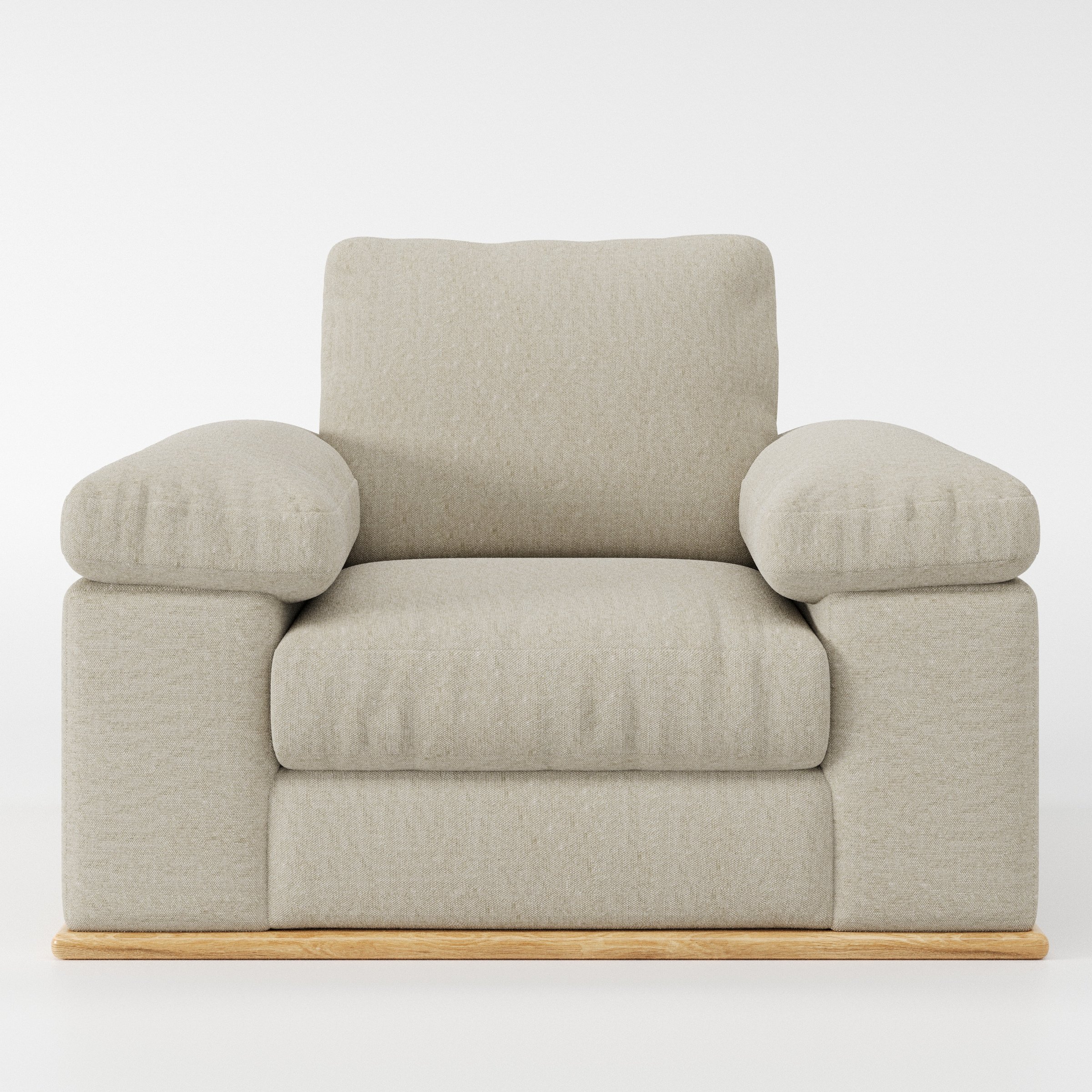 Cusher armchair in Alderney Linen Oatmeal shown front-on against a neutral studio backdrop.