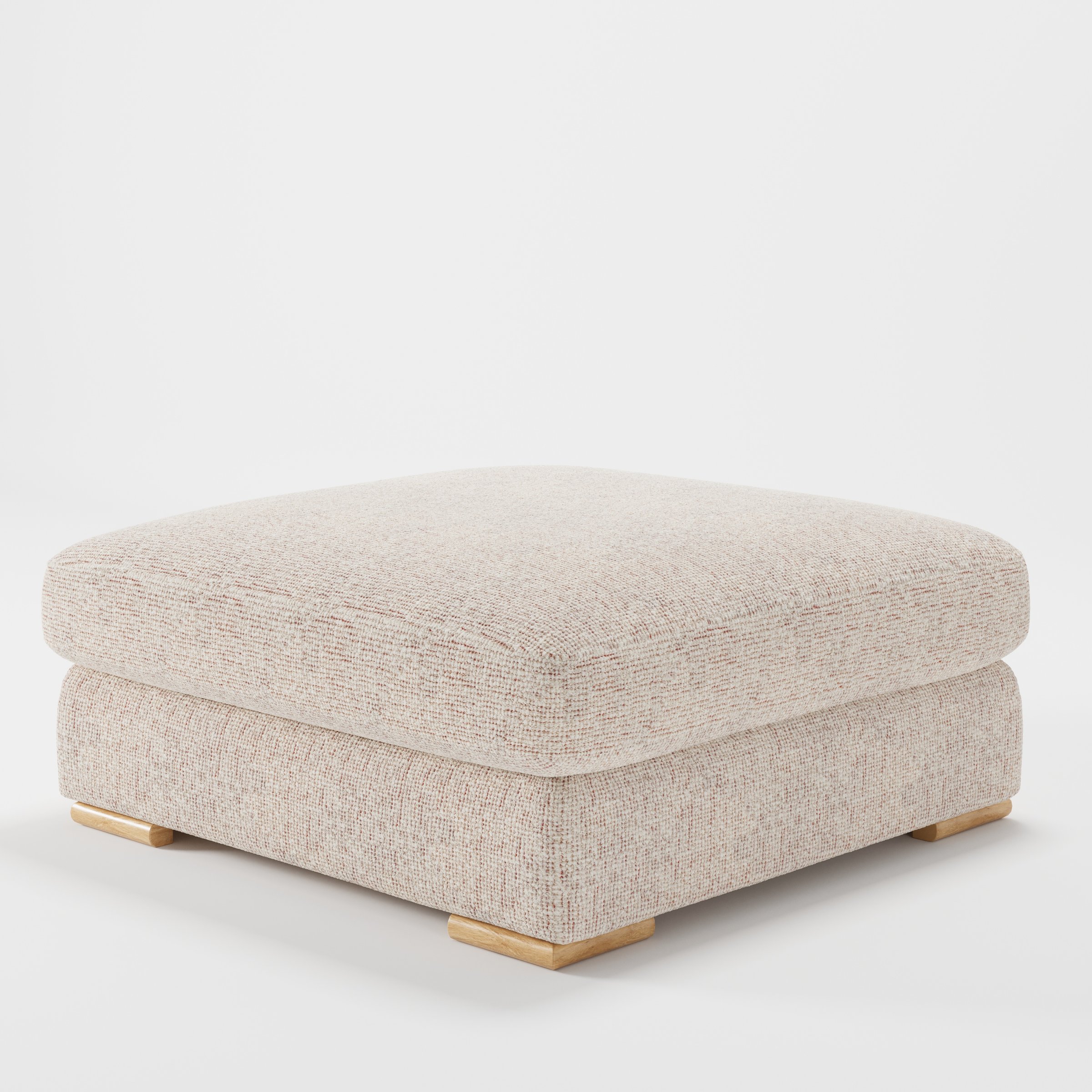 Olton footstool in Orsay Boucle Cream and Copper shown at a diagonal angle highlighting low profile and inset wooden base.