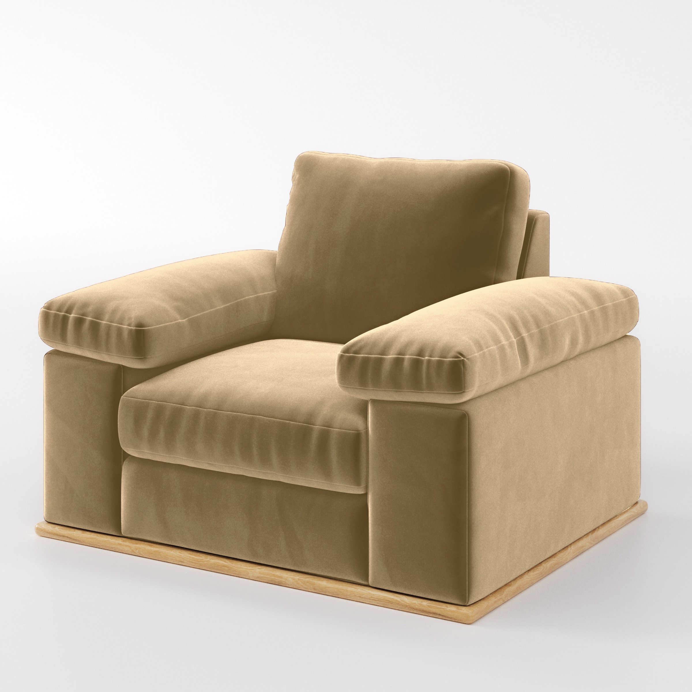 Diagonal view of the Cusher armchair upholstered in Plush EasyClean Velvet in Cafe.