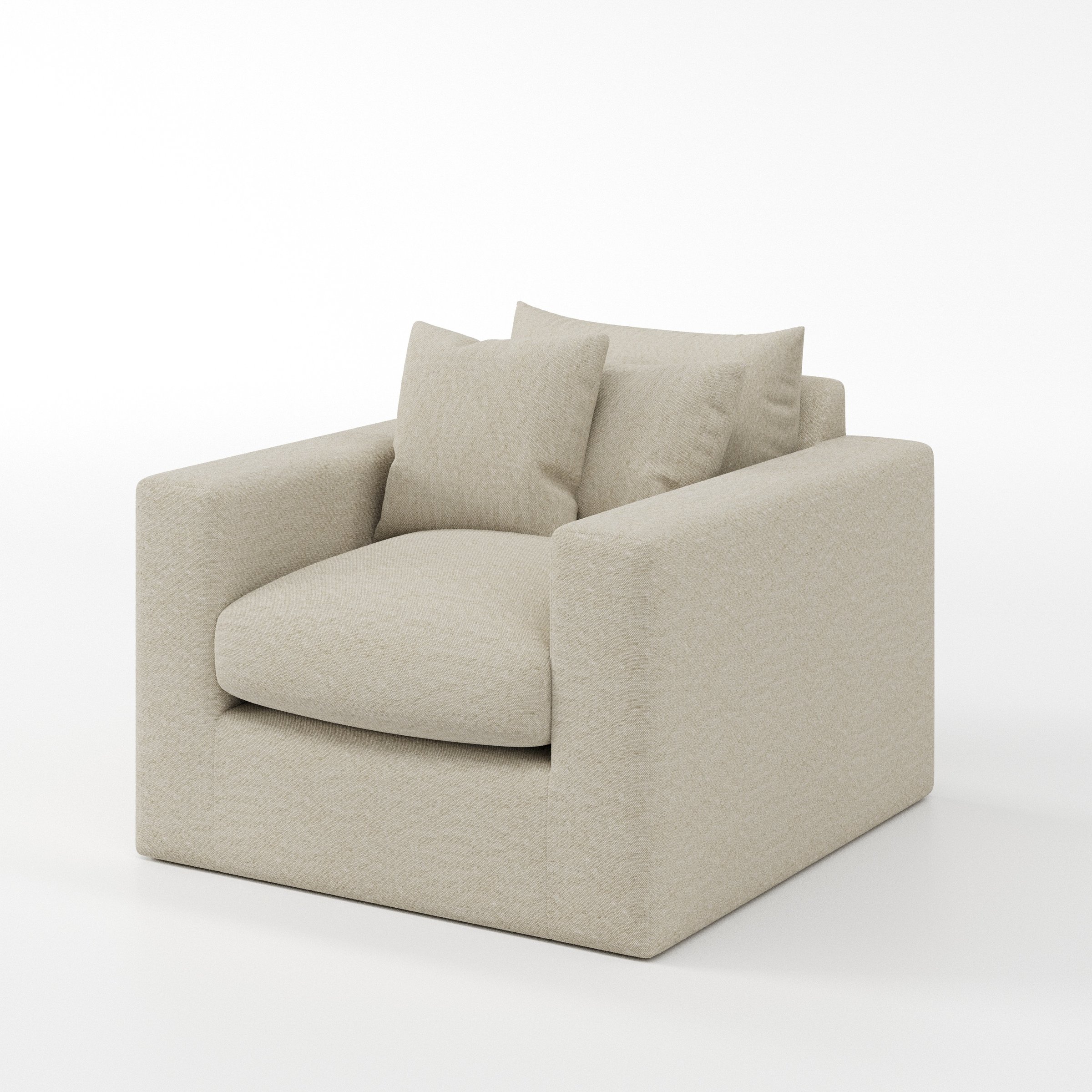 Coniston armchair in Alderney Linen Oatmeal shown at a diagonal angle highlighting arms and seat depth.