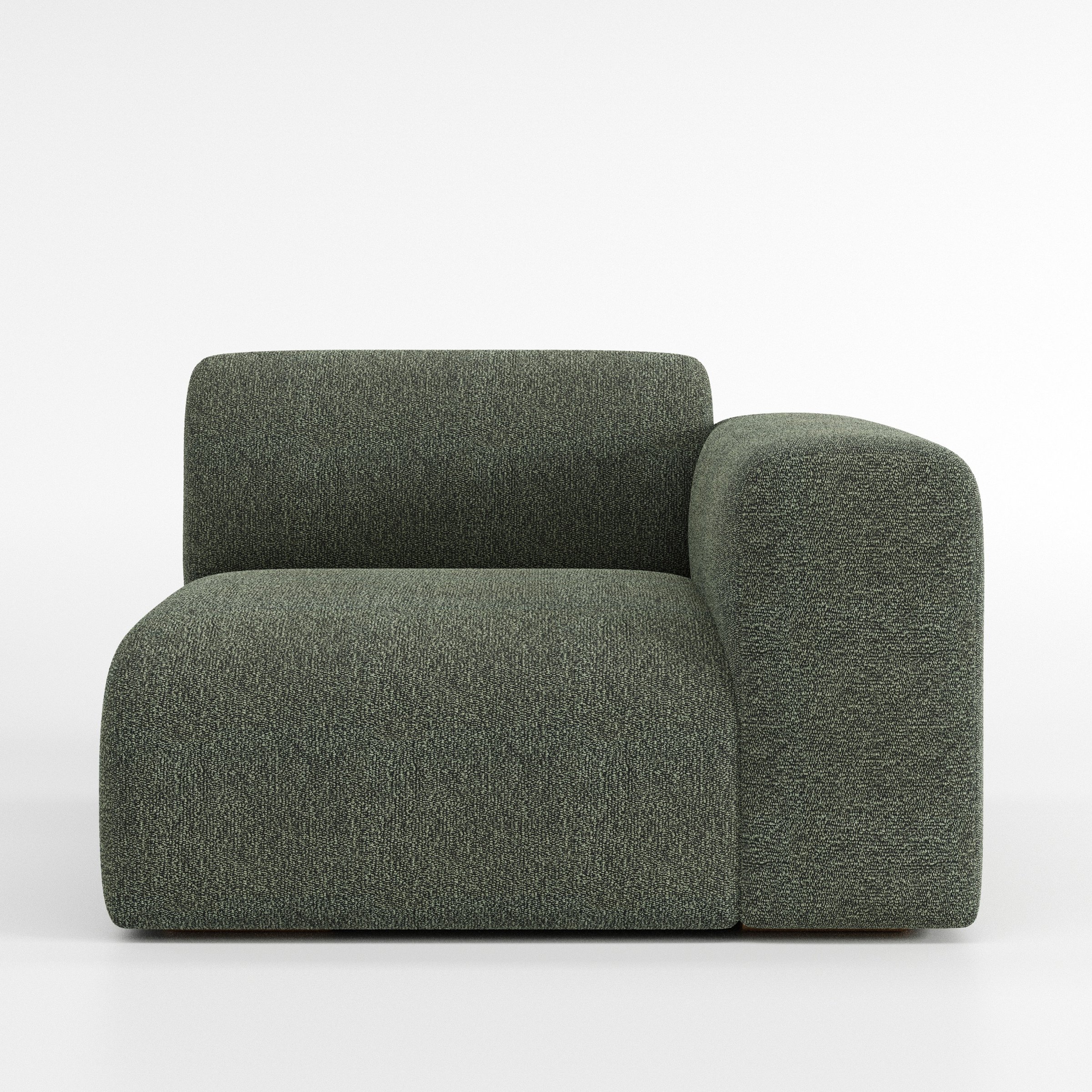 Drumquin modular sofa right side unit in Kilda Bouclé Moss shown from the front with a low, deep seat and a rounded right armrest.