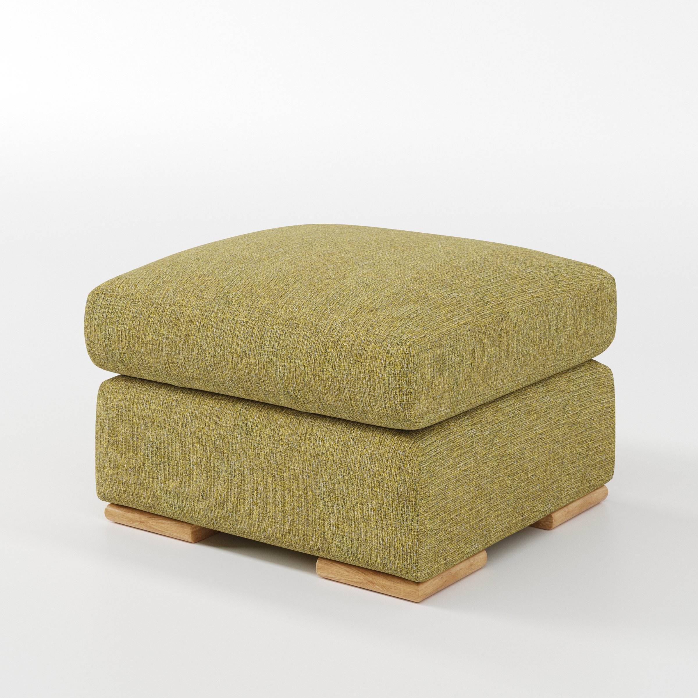 Moy footstool in Heyling Tweed Sencha shown at a diagonal angle highlighting deep cushioning and low wooden base.