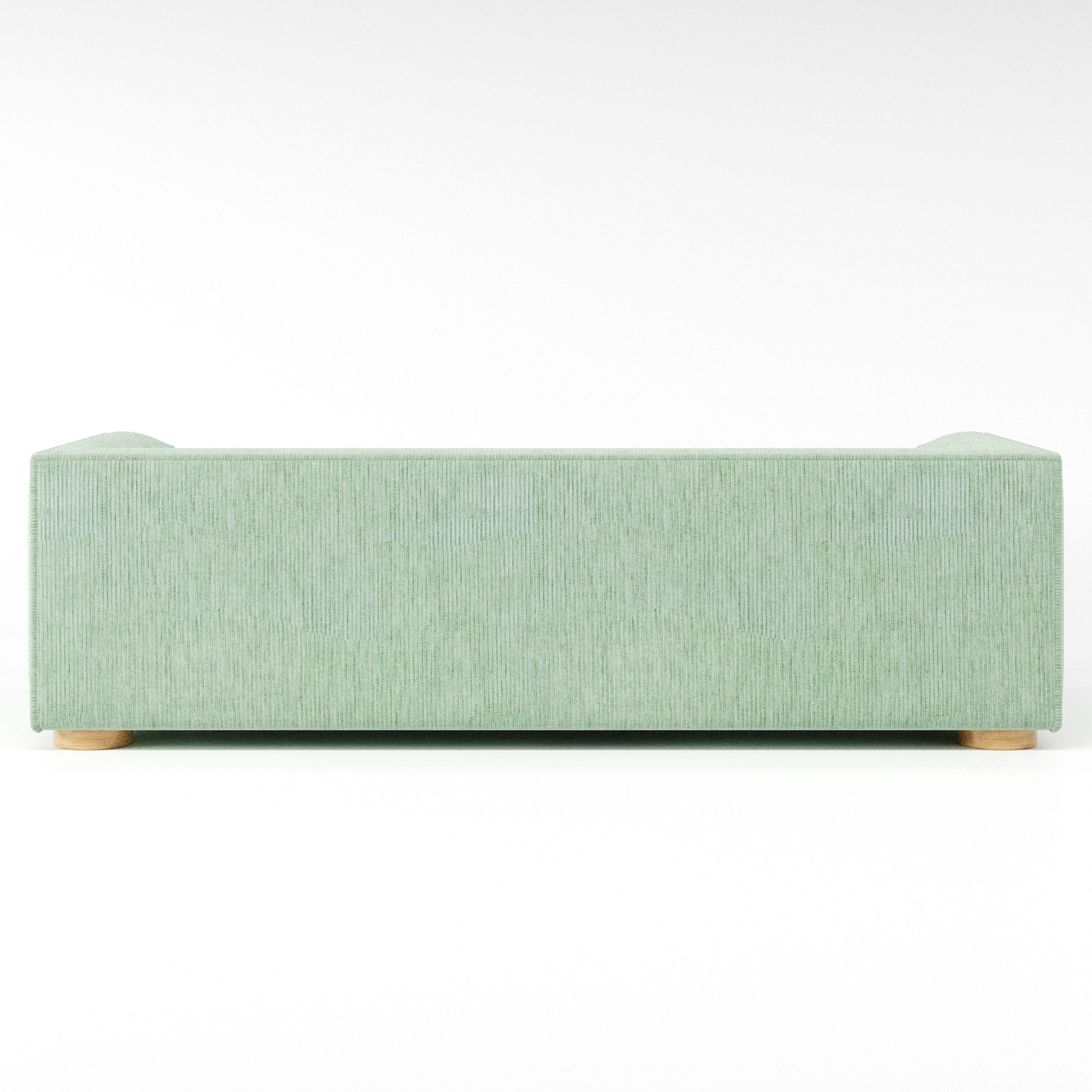 Feale sofa in Caldey Velvet Corduroy Eucalyptus shown from the rear highlighting back cushions and upholstery finish.