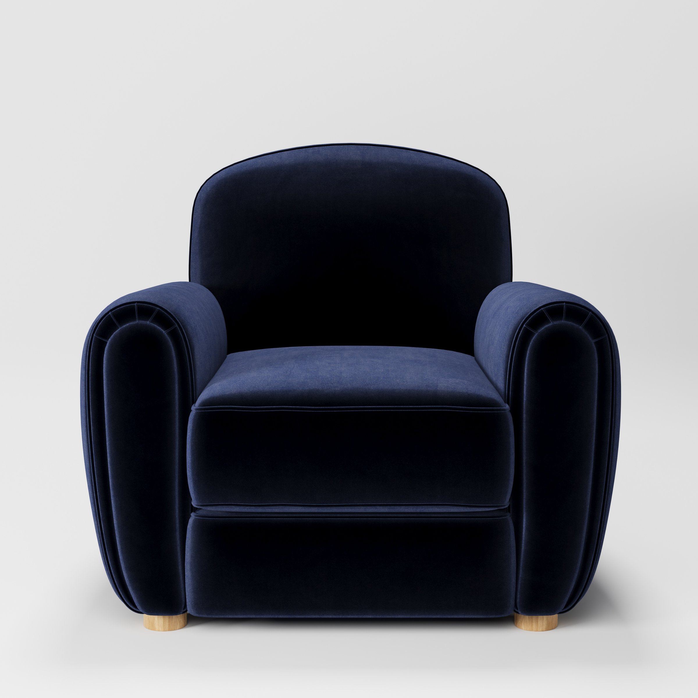 Fergus armchair in Noss Velvet Navy shown front-on against a neutral studio backdrop.