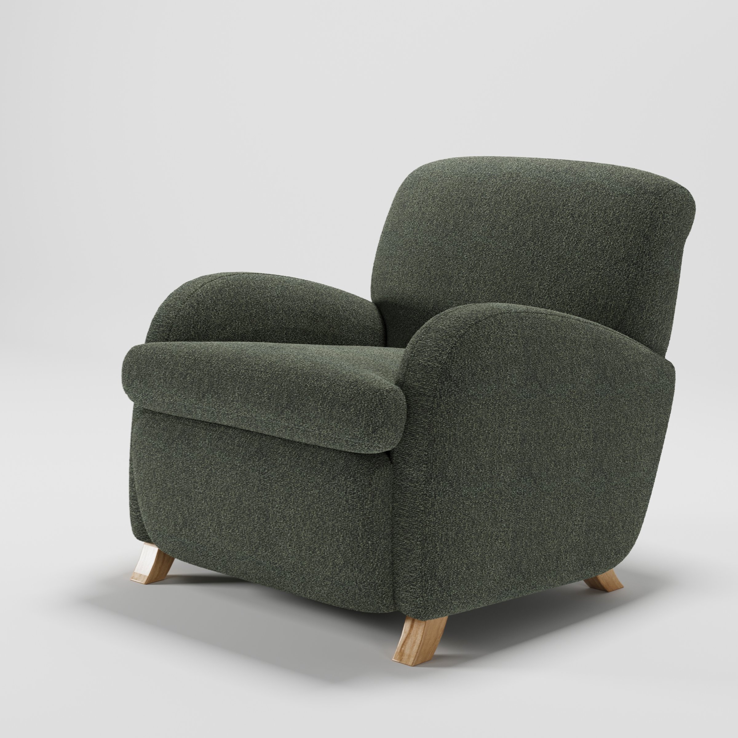 Rye armchair in Kilda Boucle Moss shown at a diagonal angle highlighting arms and seat depth.
