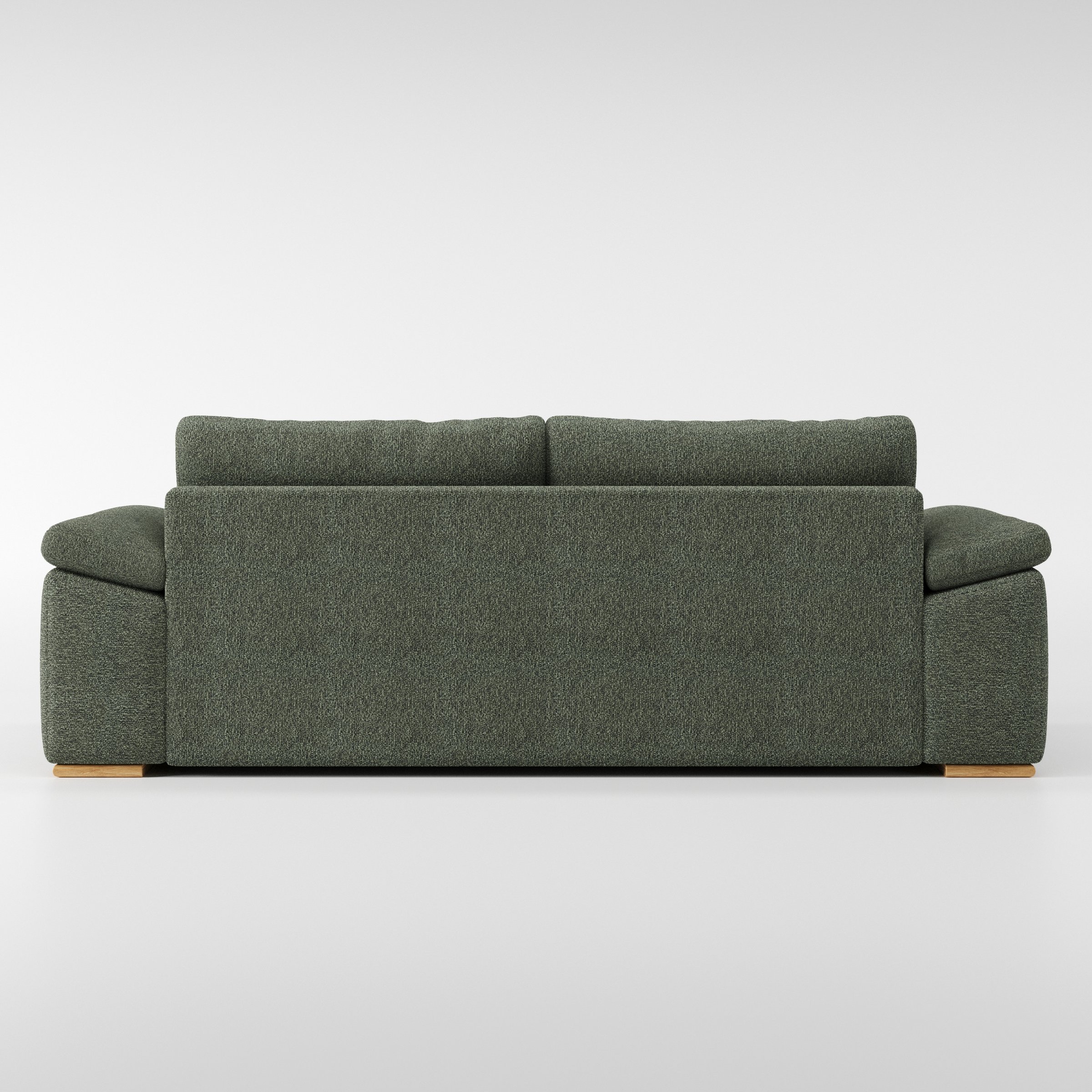 Moy sofa in Kilda Boucle Moss shown from the rear highlighting back cushions and upholstery finish.