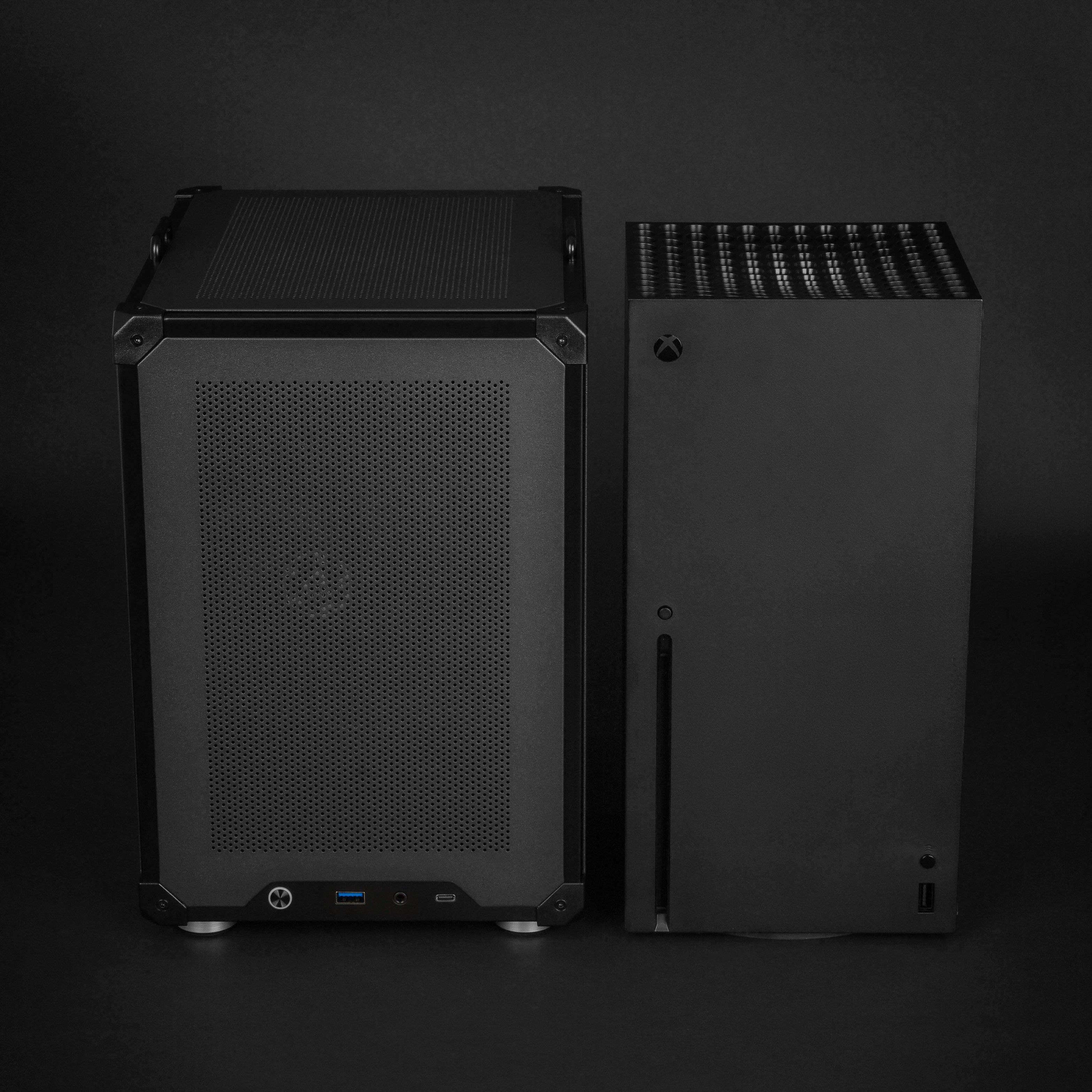 Raster Zero compact desktop gaming PC photographed from the front.