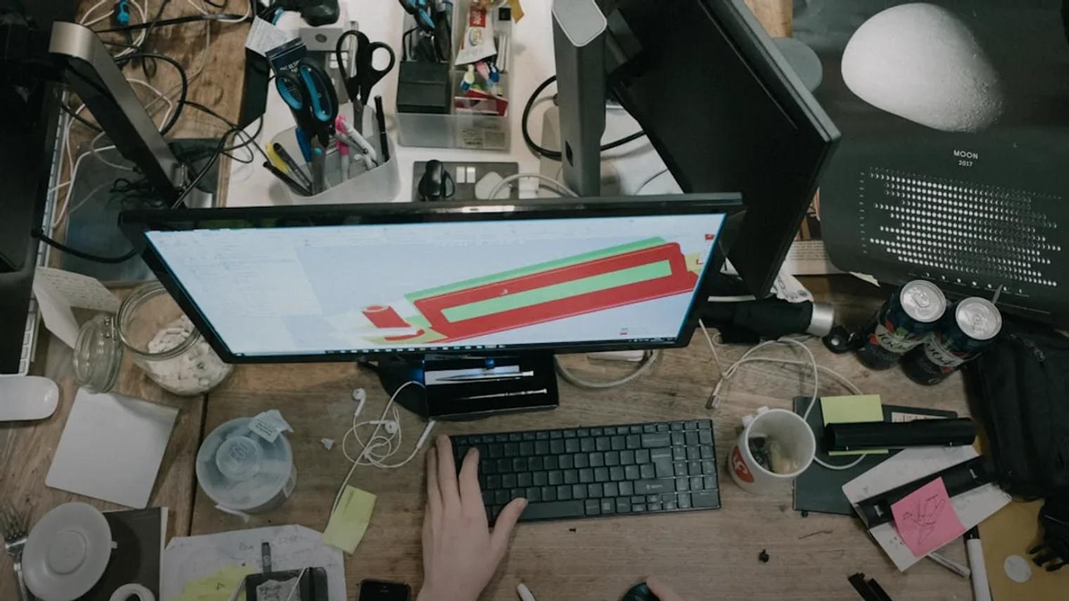 person using computer on brown wooden table