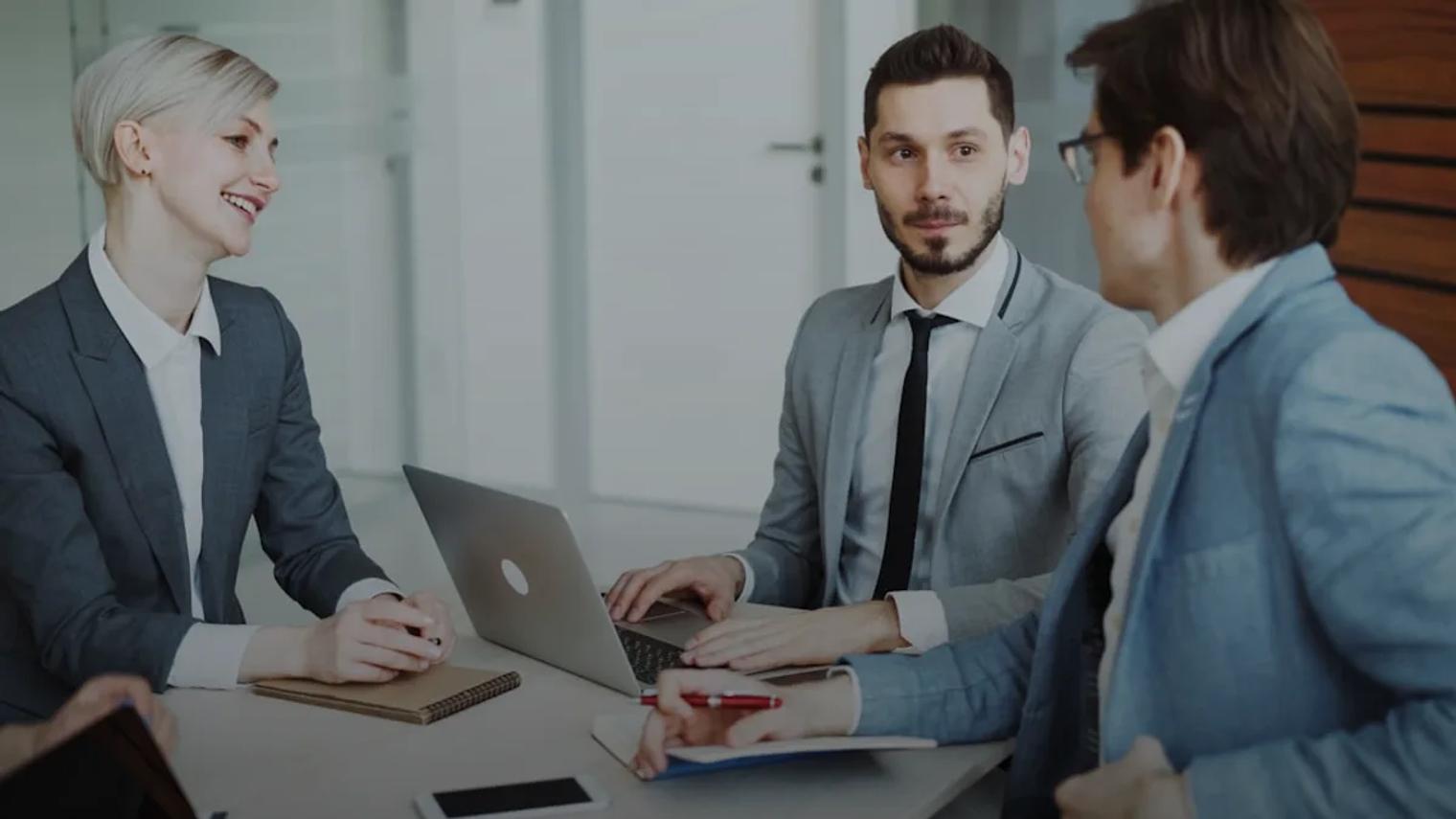 Business professionals in a meeting around a table
