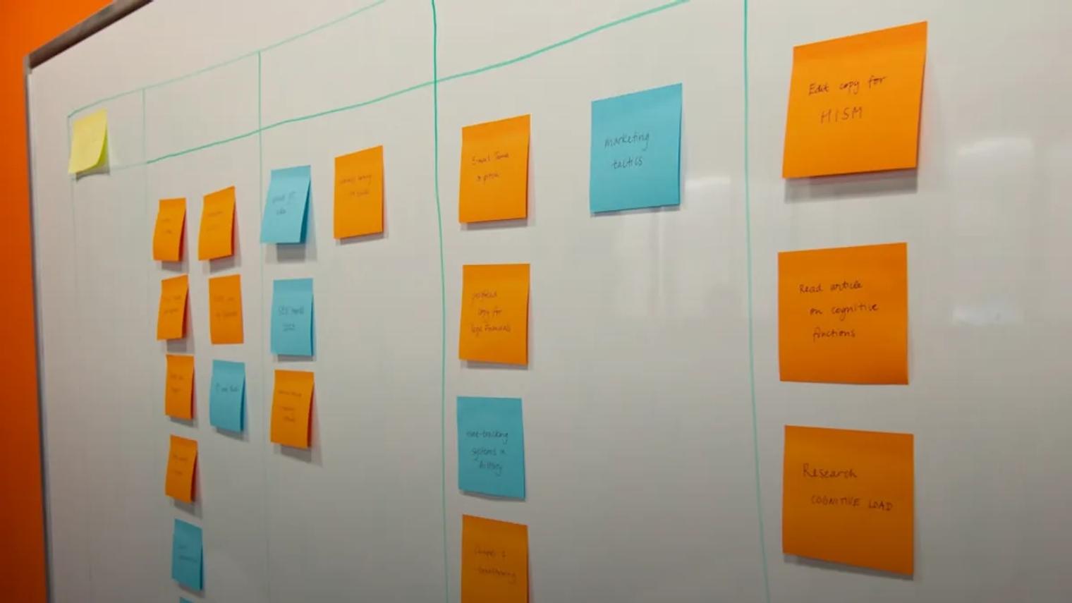 a white board with sticky notes attached to it