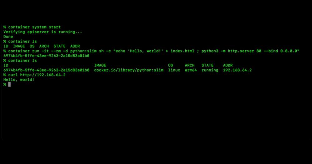 container CLI session running a Linux container on a Mac