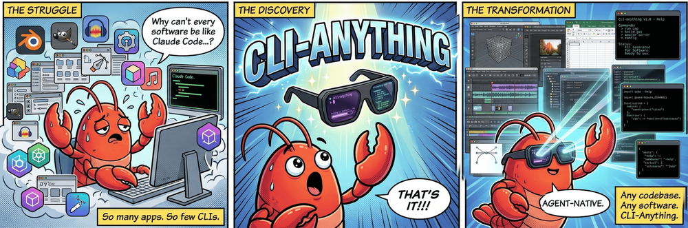 CLI-Anything official teaser showing agent-ready command registry workflow