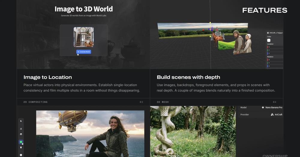 Artcraft feature grid with image-to-3D world, scene compositing and 3D mesh panels