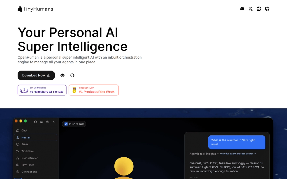 OpenHuman website hero above the desktop app with its sidebar and a chat reply