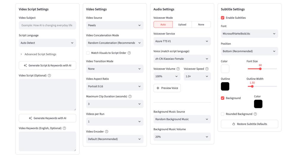 MoneyPrinterTurbo web UI with script, video, audio and subtitle settings MoneyPrinterTurbo web UI with script, video, audio and subtitle settings
