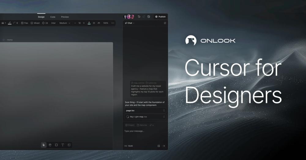 Onlook visual editor showing the design canvas, AI chat panel and the Cursor for Designers tagline Onlook visual editor showing the design canvas, AI chat panel and the Cursor for Designers tagline