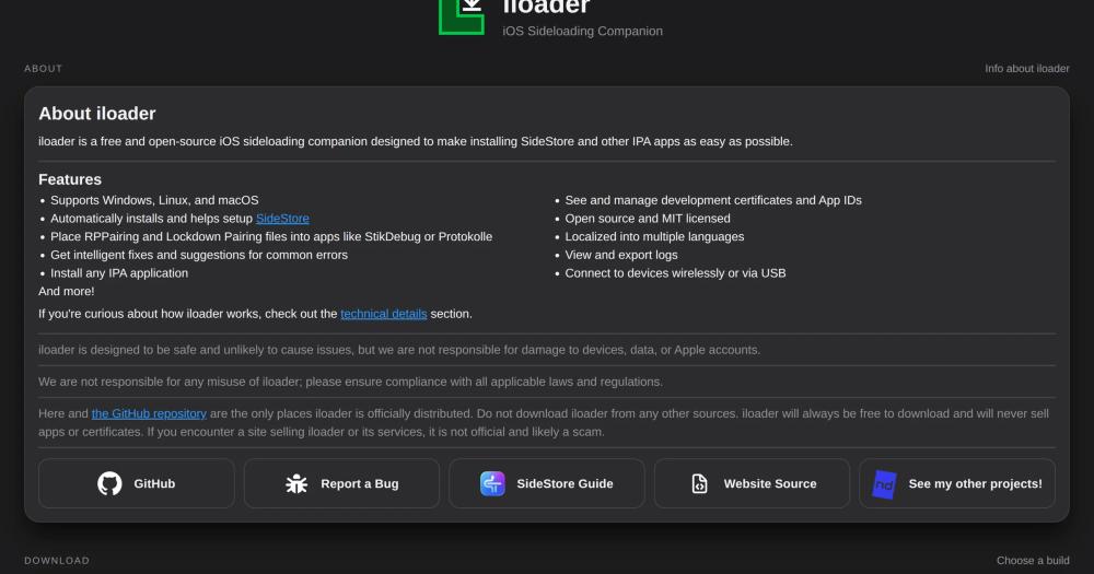 iloader website showing its iOS sideloading feature list