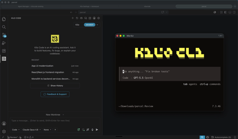 Kilo Code in VS Code beside the Kilo CLI prompt with model picker and agents shortcut