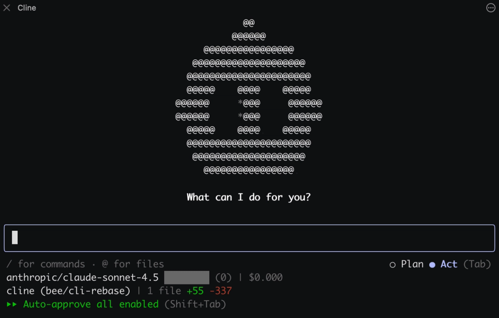 Cline CLI prompt screen in the terminal: the Cline logo, a What can I do for you prompt, an input box, and a status bar with the selected Claude model, session cost, the repository state, and the Plan and Act toggle